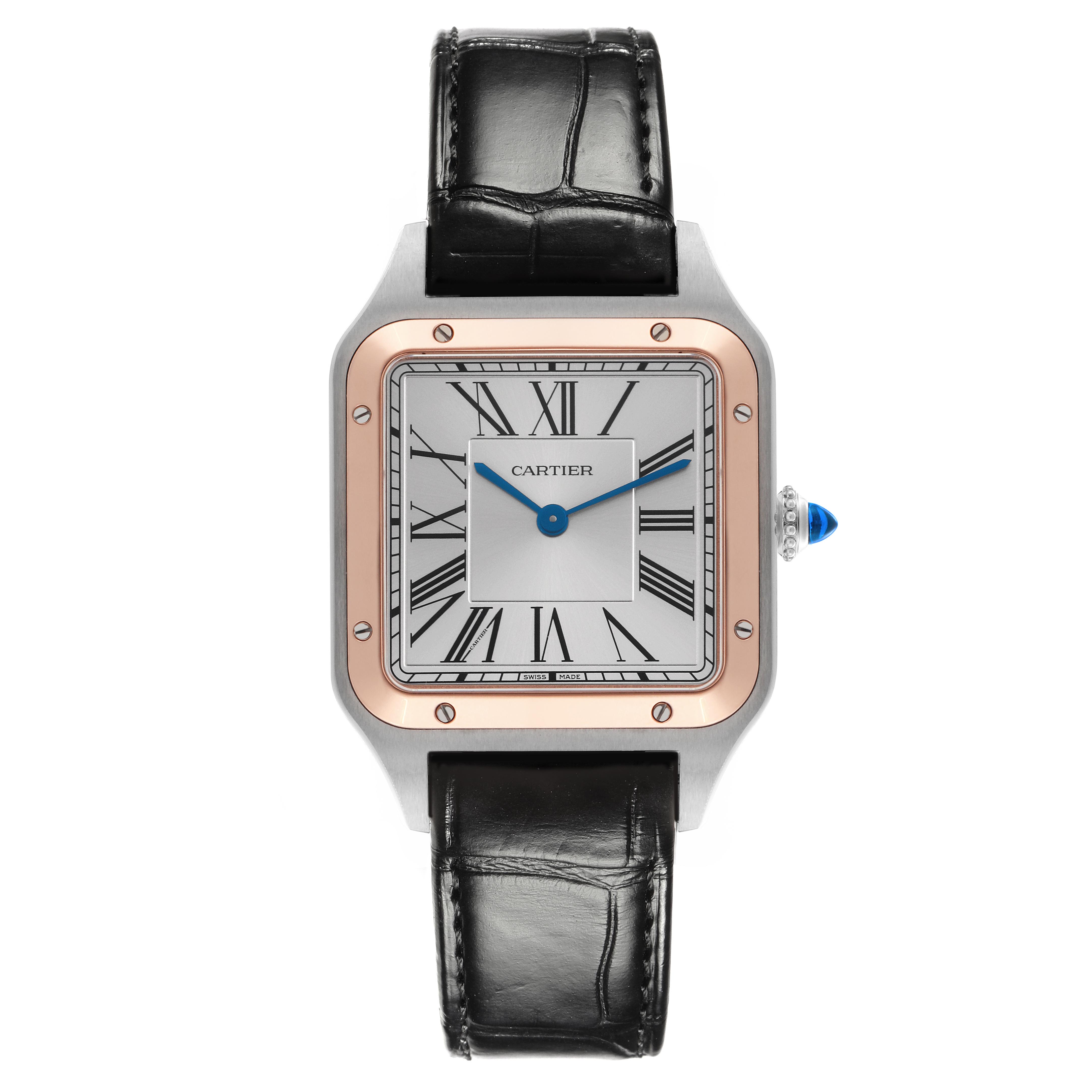The image shows a Cartier Santos Dumont W2SA0011 Men
s Steel and Gold (two tone) Silver Dial W2SA0011 Men
s Steel and Gold (two tone) Silver Dial watch from a front angle, highlighting its square face, Roman numerals, and black leather strap.