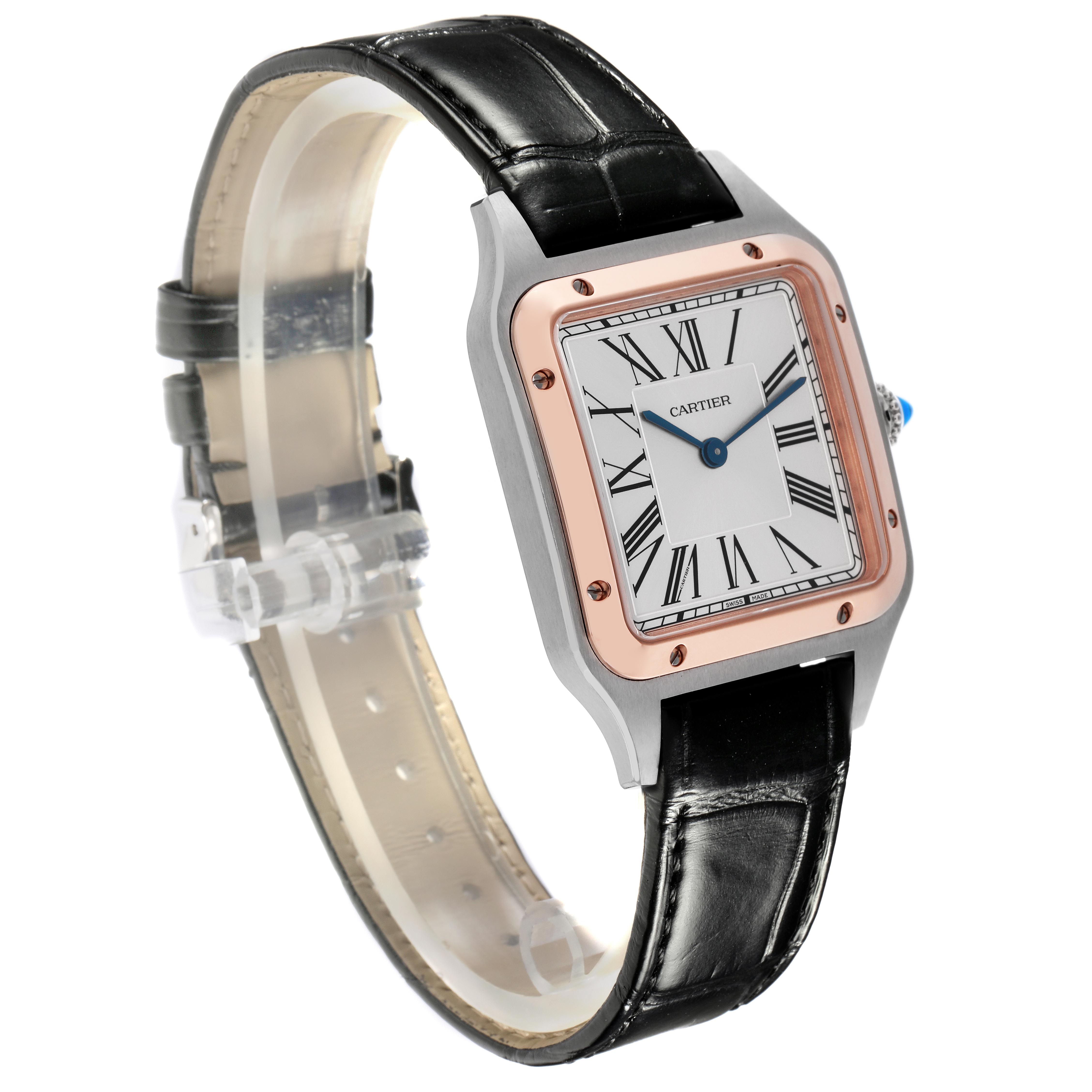 The Cartier Santos Dumont W2SA0011 Men
s Steel and Gold (two tone) Silver Dial W2SA0011 Men
s Steel and Gold (two tone) Silver Dial watch is shown at a slight angle, displaying its square face, bezel, and black leather strap.