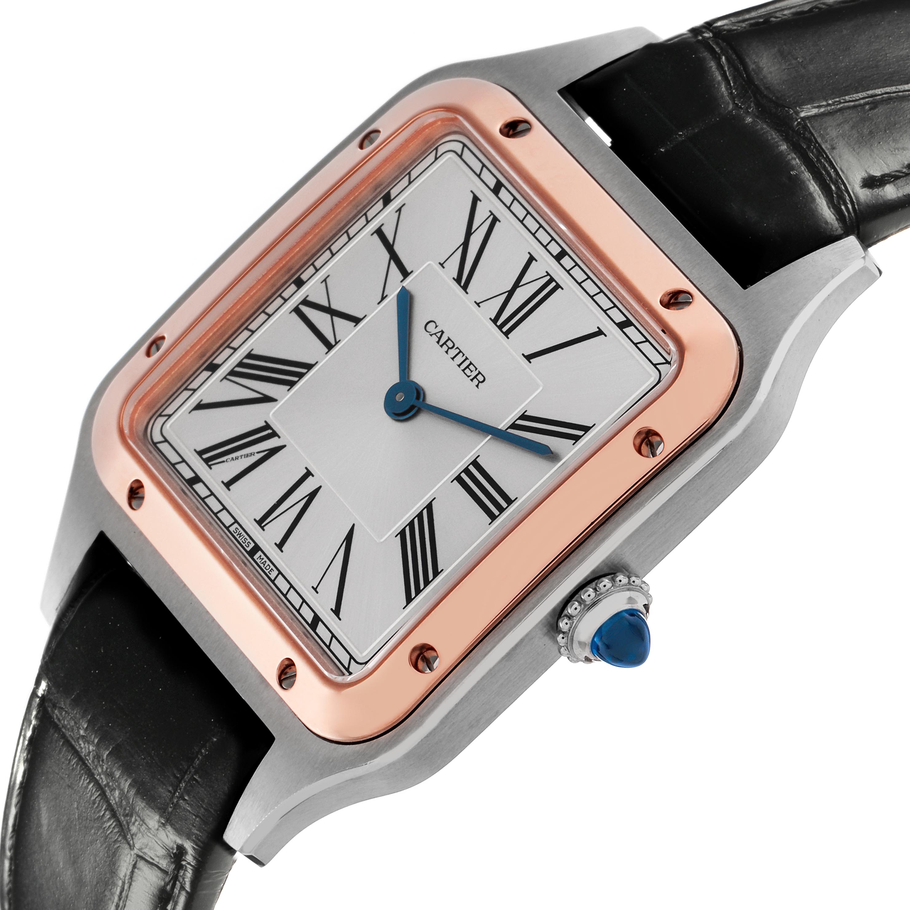 The Cartier Santos Dumont W2SA0011 Men
s Steel and Gold (two tone) Silver Dial W2SA0011 Men
s Steel and Gold (two tone) Silver Dial watch is shown at an angled side view, highlighting the dial, crown, and strap.