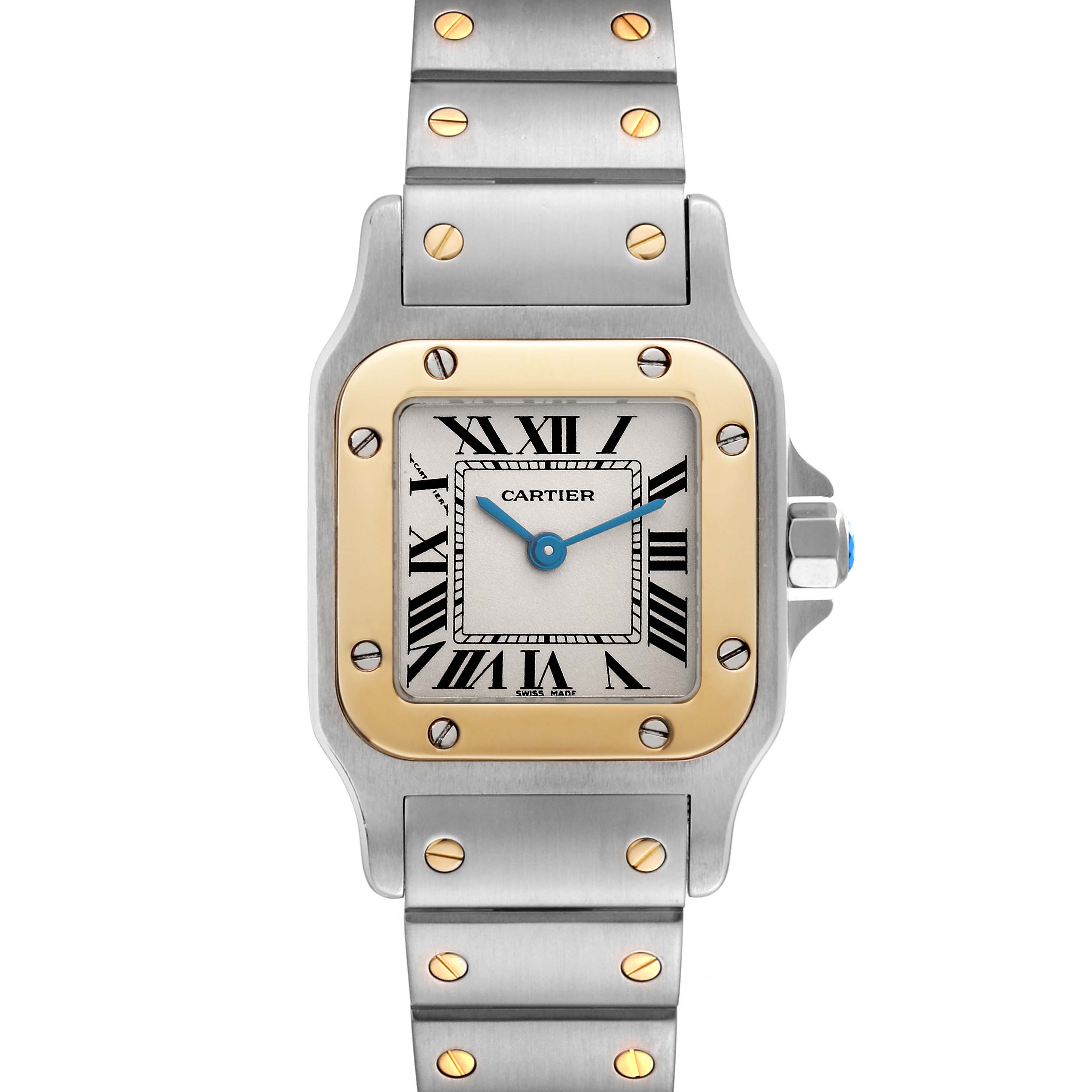 The image shows a front view of a Cartier Santos W20012C4 Women's Steel and Gold (two tone) Silver Dial W20012C4 Women's Steel and Gold (two tone) Silver Dial watch, highlighting its square face, Roman numerals, and metal bracelet with gold screws.