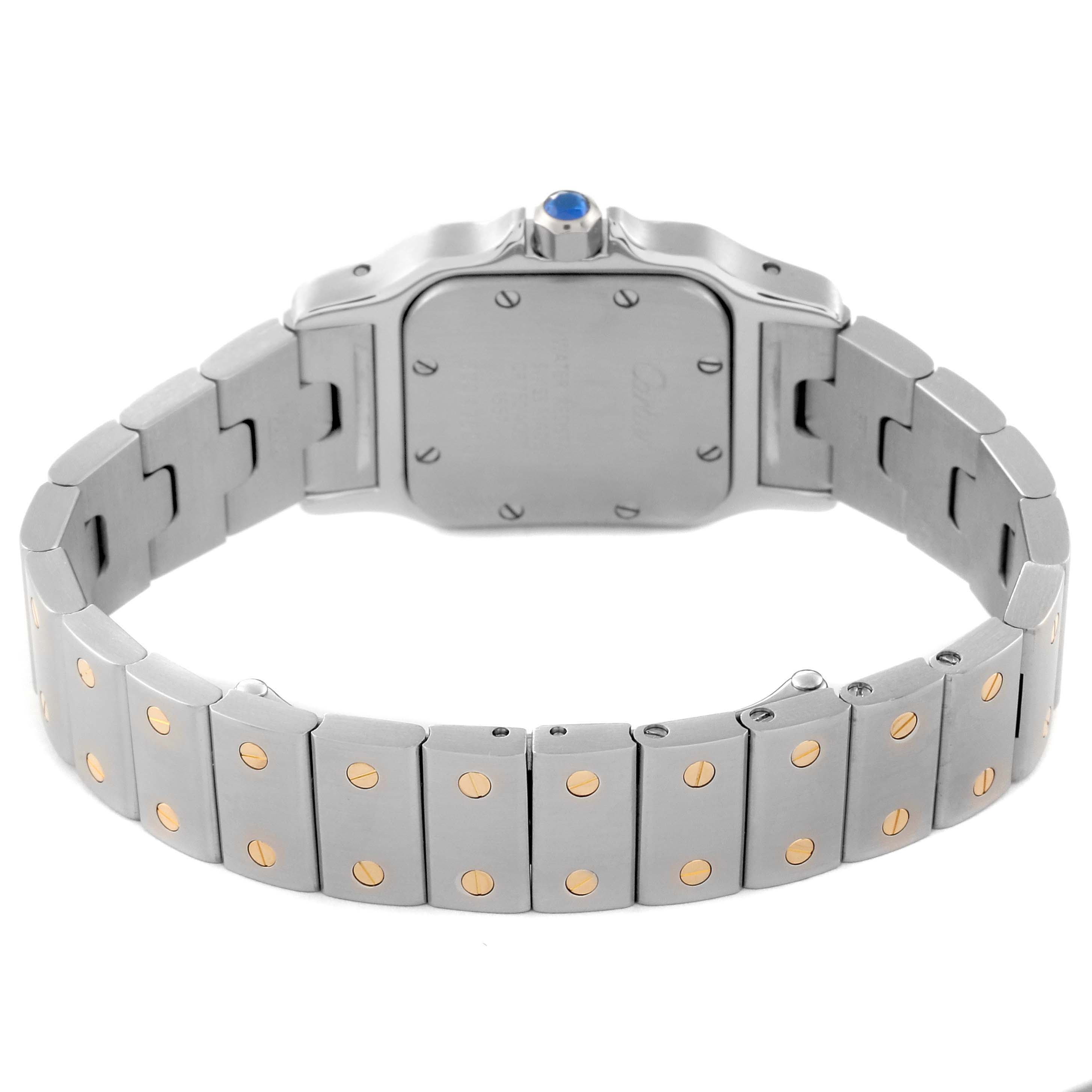 This image shows the back and strap of a Cartier Santos W20012C4 Women's Steel and Gold (two tone) Silver Dial W20012C4 Women's Steel and Gold (two tone) Silver Dial watch, highlighting the stainless steel bracelet with gold screws.