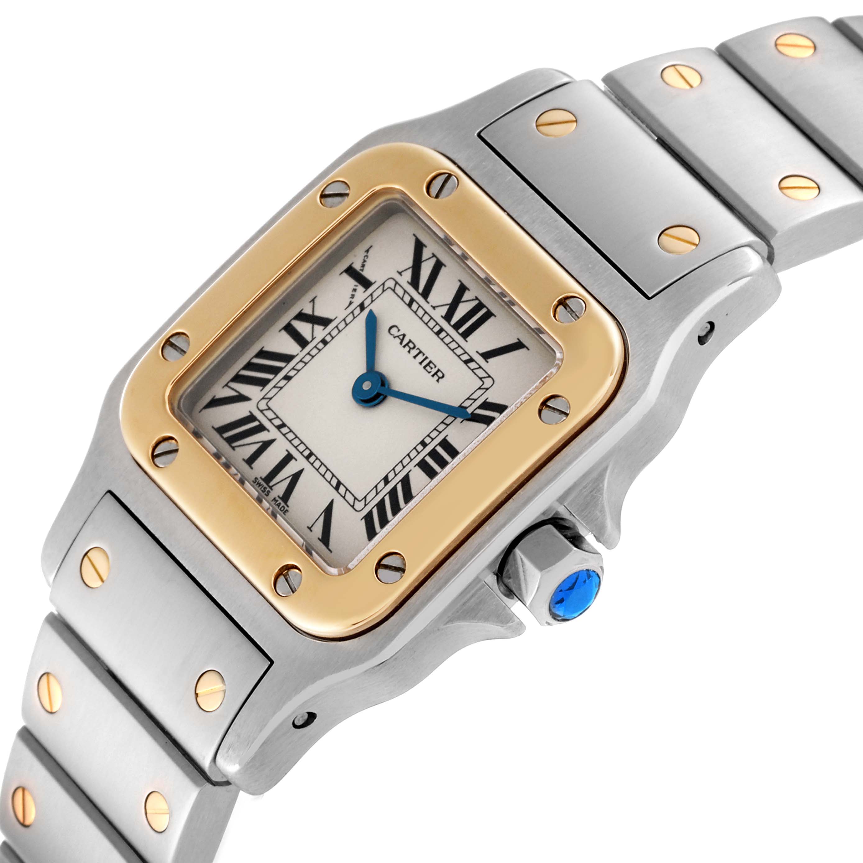 The Cartier Santos W20012C4 Women's Steel and Gold (two tone) Silver Dial W20012C4 Women's Steel and Gold (two tone) Silver Dial watch shown is angled to display the face, bezel, crown, and part of the bracelet.
