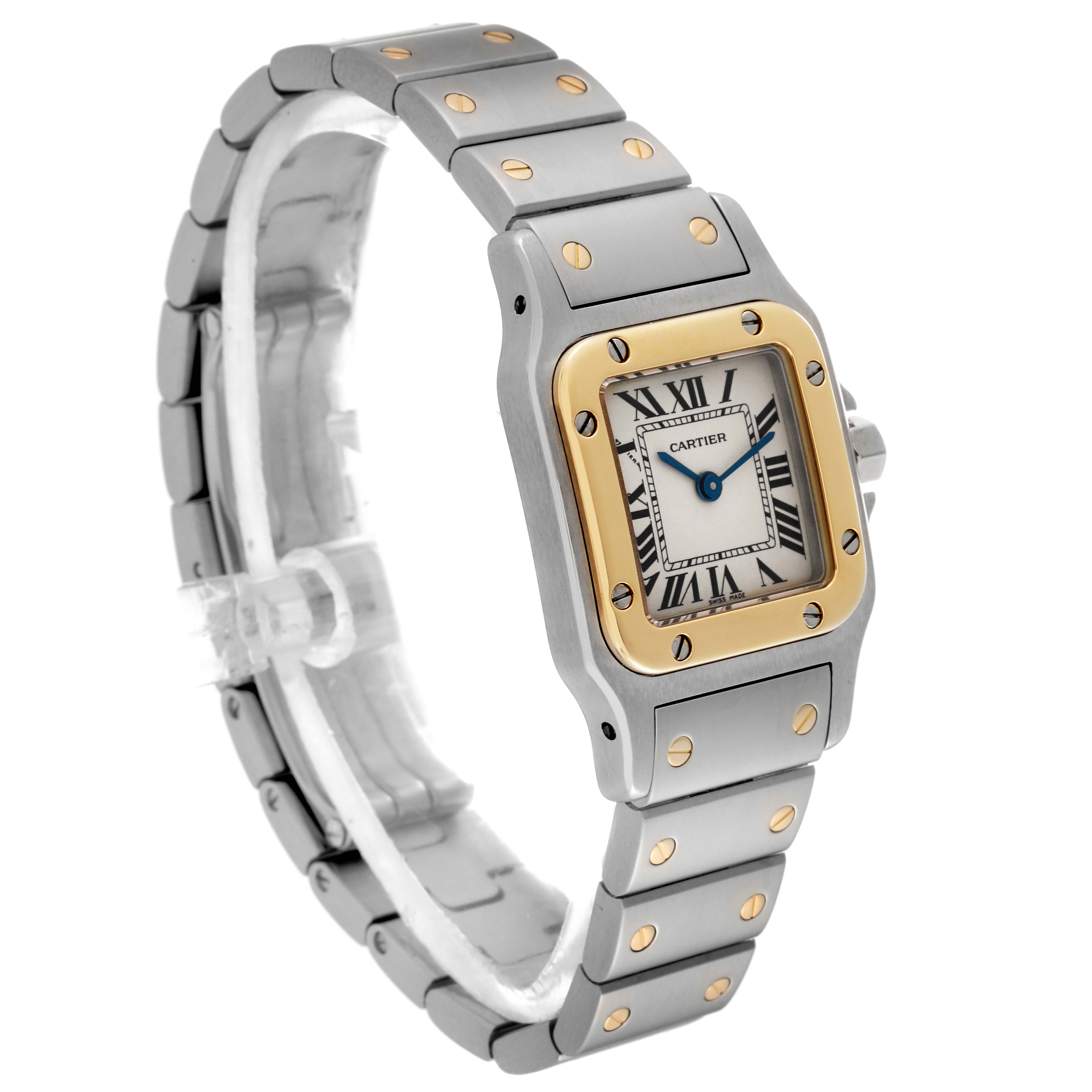 The image shows a Santos model by Cartier at a three-quarter angle, displaying the watch face, bezel, and bracelet.