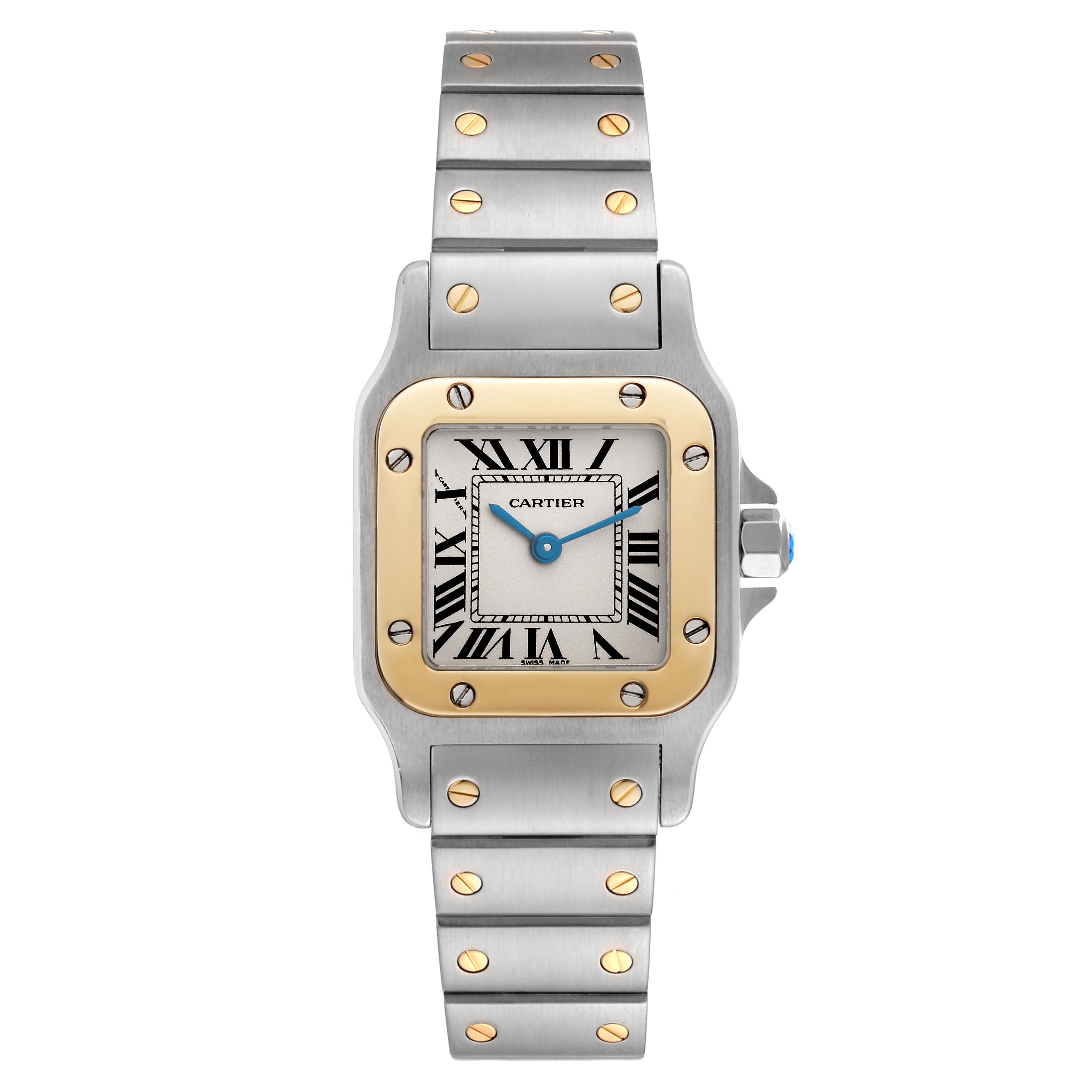 The Cartier Santos W20012C4 Women's Steel and Gold (two tone) Silver Dial W20012C4 Women's Steel and Gold (two tone) Silver Dial watch is shown from the front, displaying its face, bezel, and bracelet with gold accents.