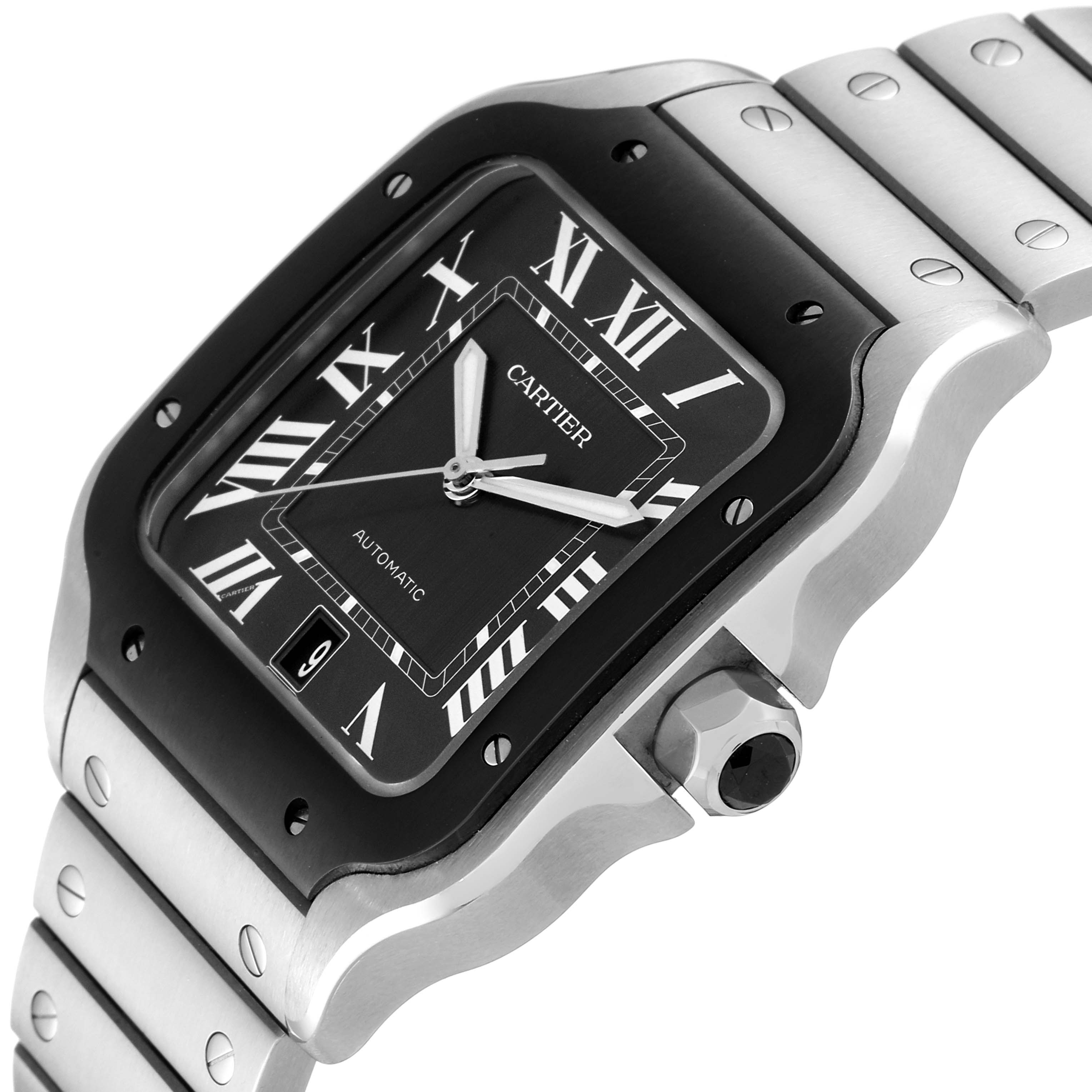 The image shows the face and part of the stainless steel bracelet of a Cartier Santos WSSA0037 Men's Stainless Steel Grey Dial WSSA0037 Men's Stainless Steel Grey Dial watch at an angle.