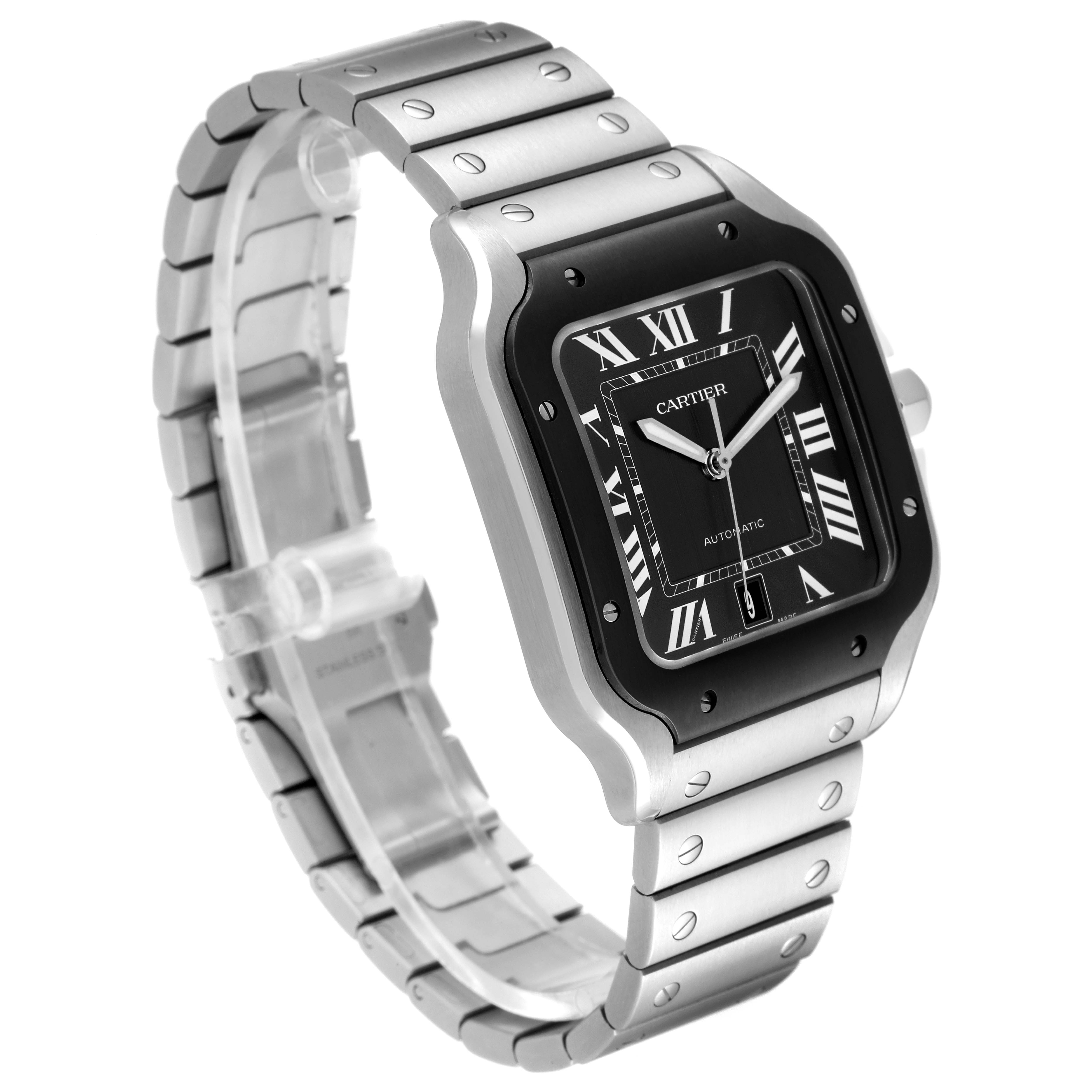 The image shows a Cartier Santos WSSA0037 Men's Stainless Steel Grey Dial WSSA0037 Men's Stainless Steel Grey Dial watch at a three-quarter angle, highlighting the face, bezel, and bracelet.