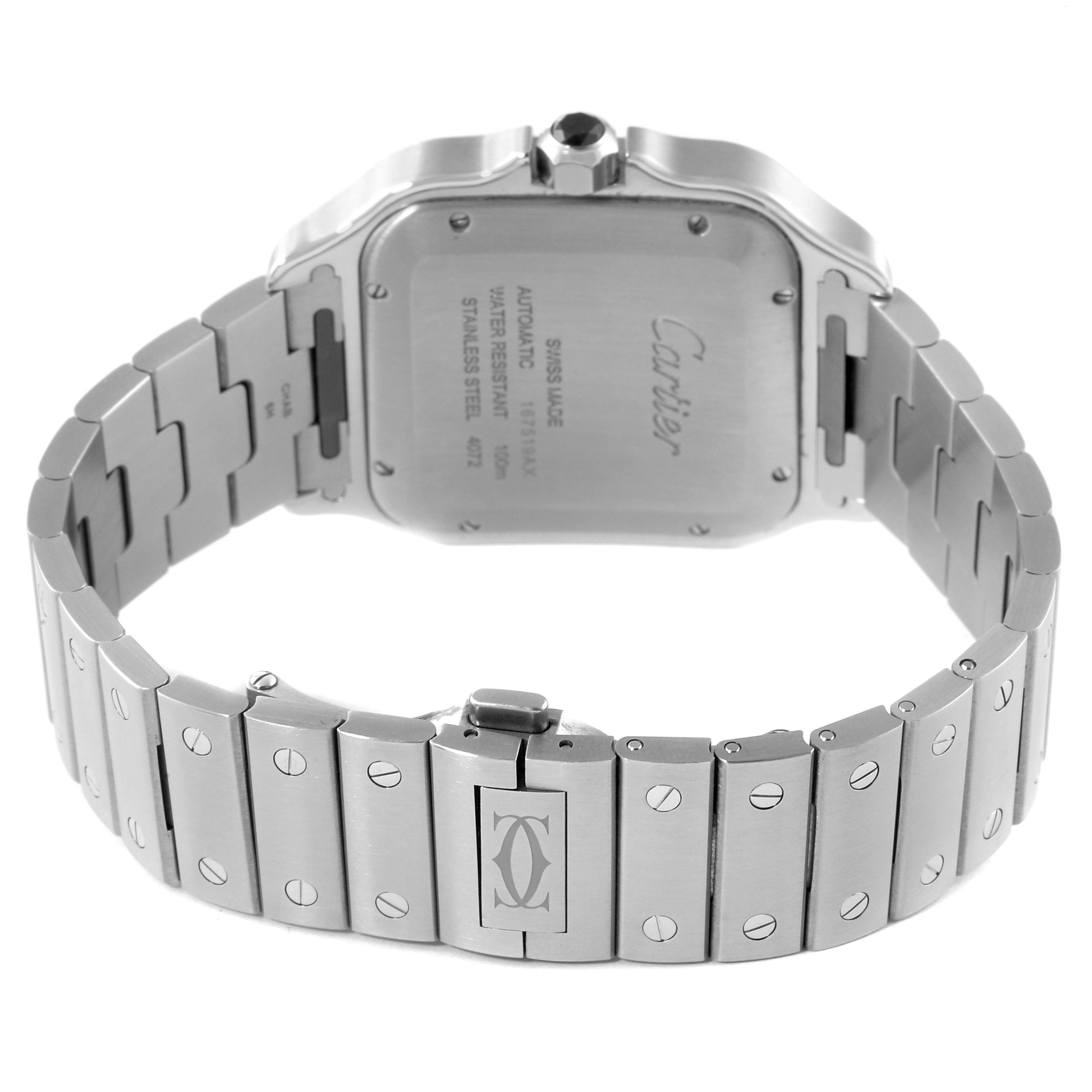 The image shows the back case and stainless steel bracelet of a Cartier Santos WSSA0037 Men's Stainless Steel Grey Dial WSSA0037 Men's Stainless Steel Grey Dial watch, highlighting the clasp and screw details.