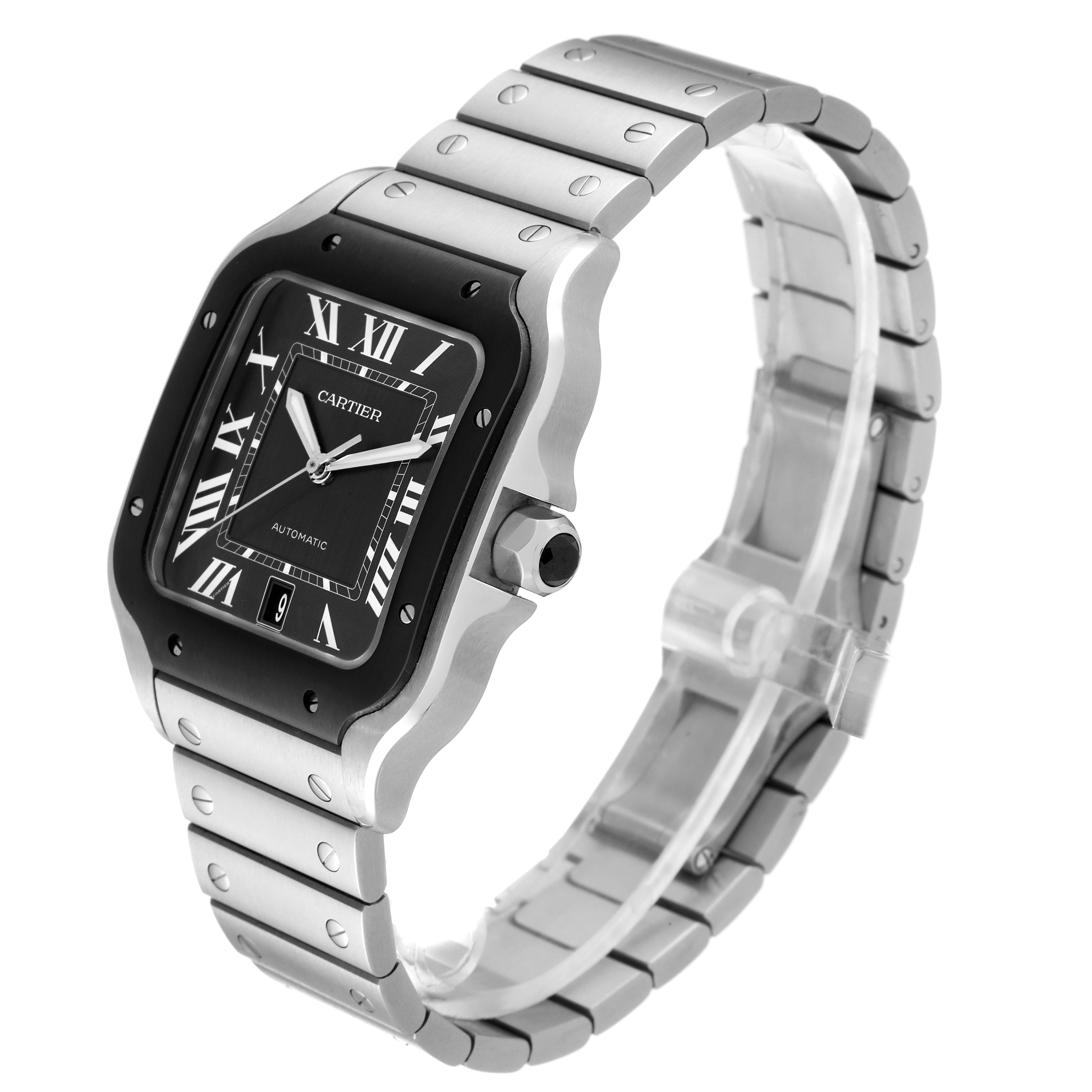 This Cartier Santos WSSA0037 Men's Stainless Steel Grey Dial WSSA0037 Men's Stainless Steel Grey Dial watch is shown at a side angle, displaying its square face, bracelet, and bezel with visible screws.
