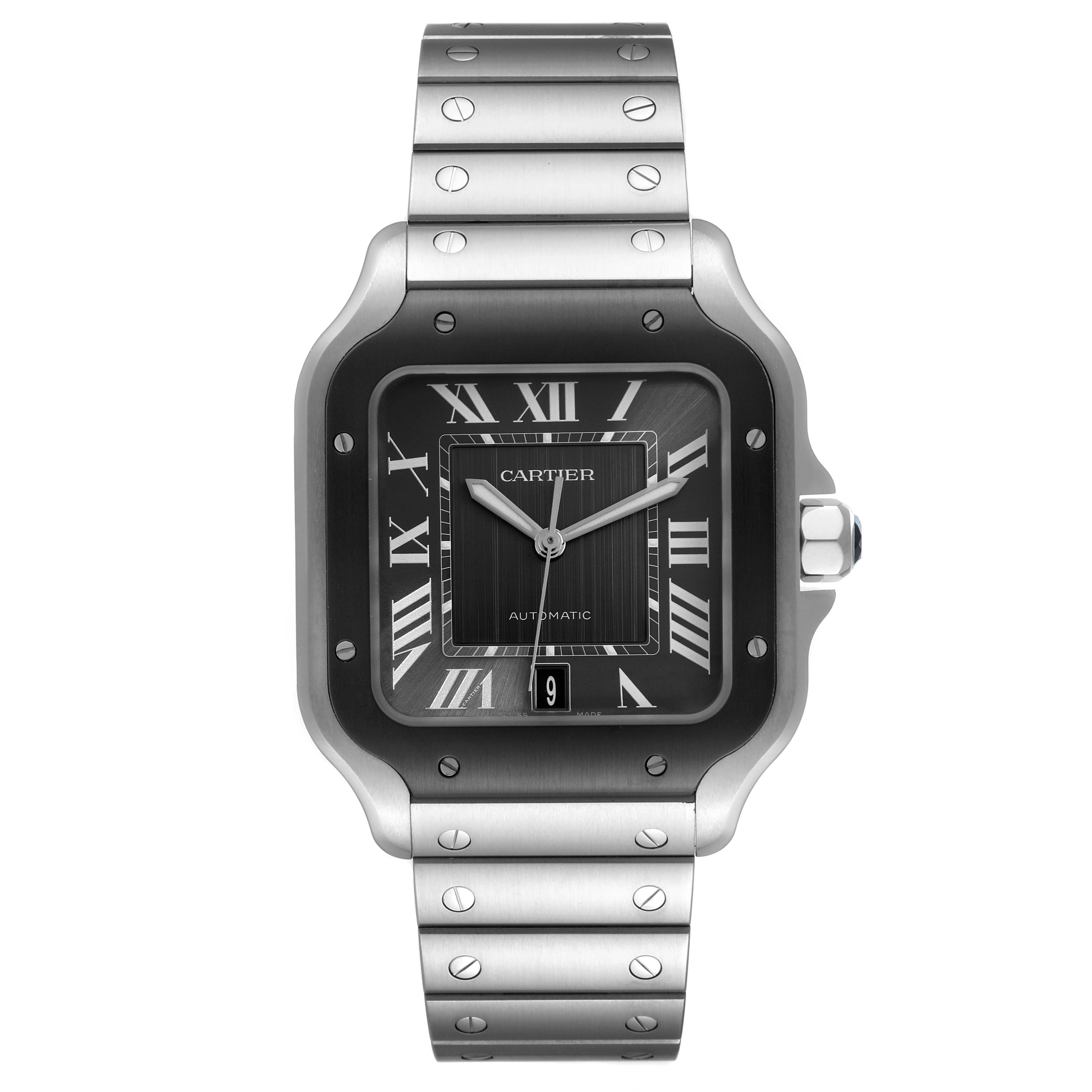 The image shows a front view of the Cartier Santos WSSA0037 Men's Stainless Steel Grey Dial WSSA0037 Men's Stainless Steel Grey Dial watch, highlighting its face, bezel, and metal bracelet.