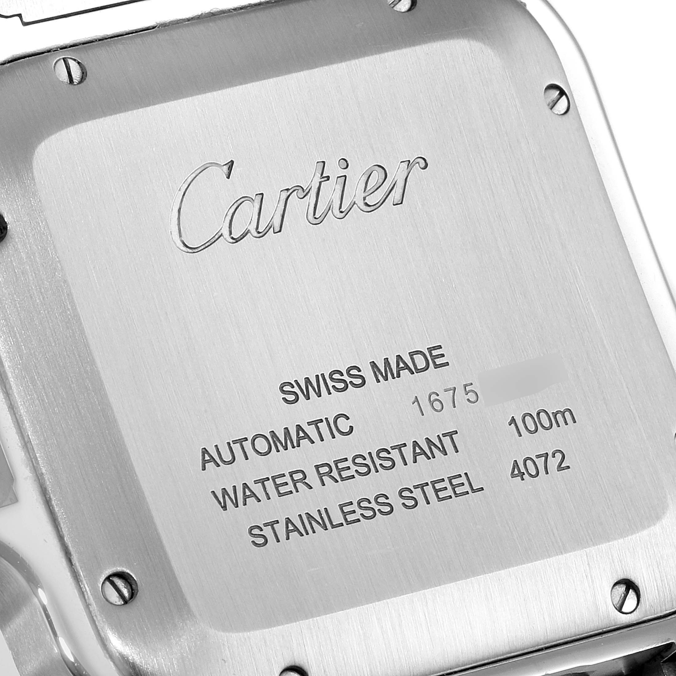 The image shows the case back of a Cartier Santos WSSA0037 Men's Stainless Steel Grey Dial WSSA0037 Men's Stainless Steel Grey Dial watch, highlighting details like water resistance, material, and movement.