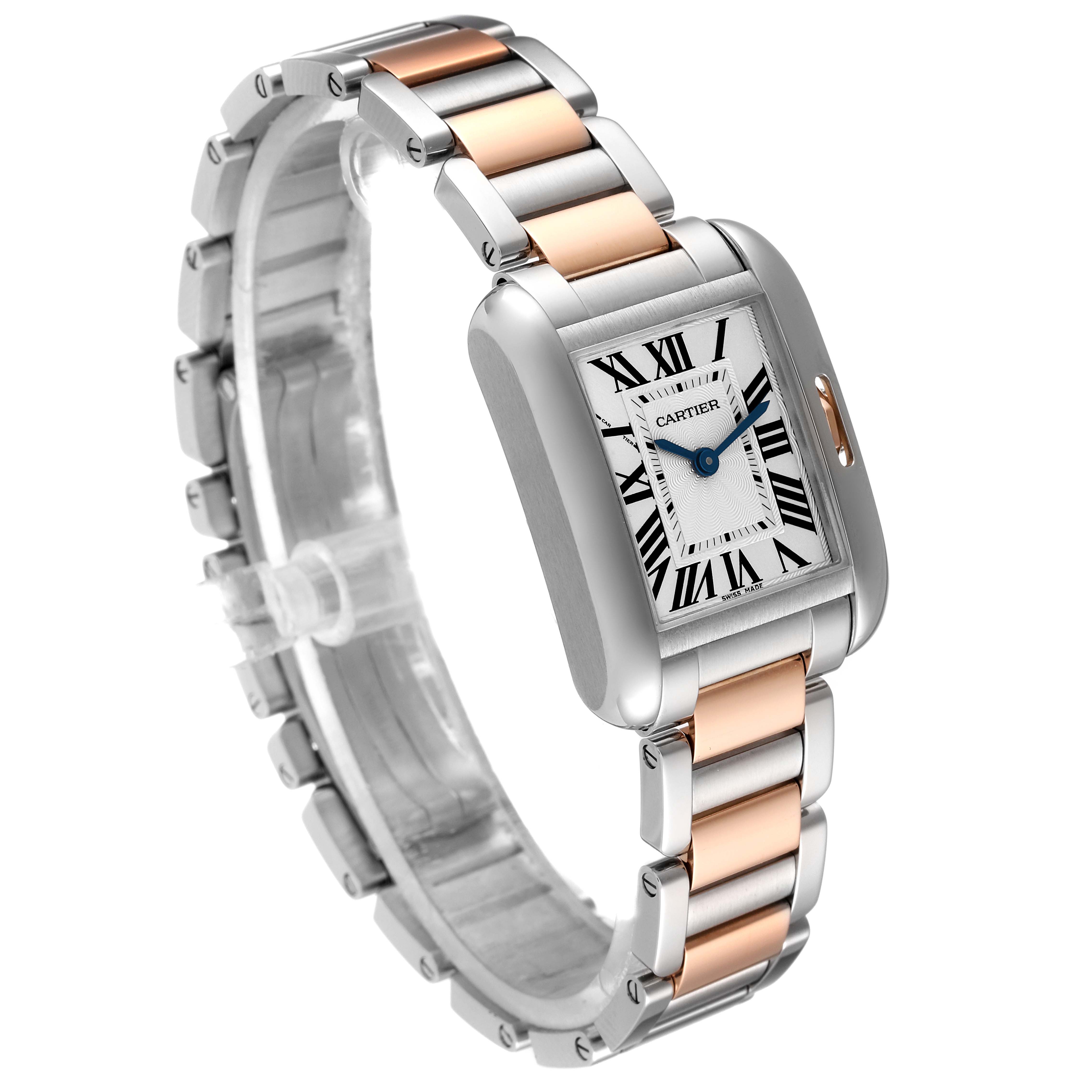 The Cartier Tank Anglaise W5310019 Women's Steel and Gold (two tone) Silver Dial W5310019 Women's Steel and Gold (two tone) Silver Dial watch is shown at a three-quarter angle, highlighting its silver and rose gold bracelet, rectangular case, and Roman numeral dial.