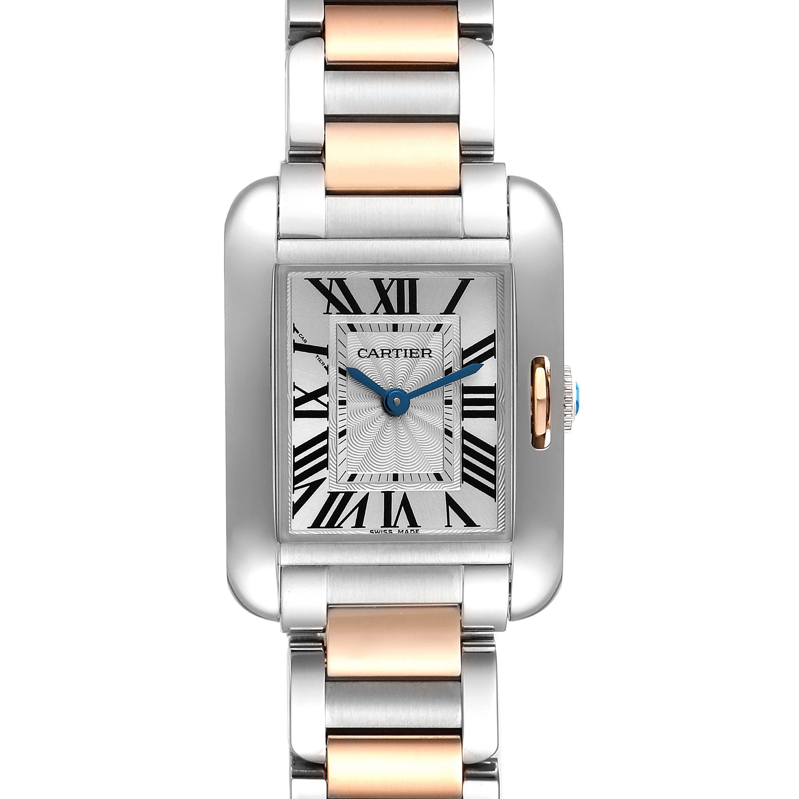 The image shows a close-up of the dial and top part of the band of a Cartier Tank Anglaise W5310019 Women's Steel and Gold (two tone) Silver Dial W5310019 Women's Steel and Gold (two tone) Silver Dial watch.