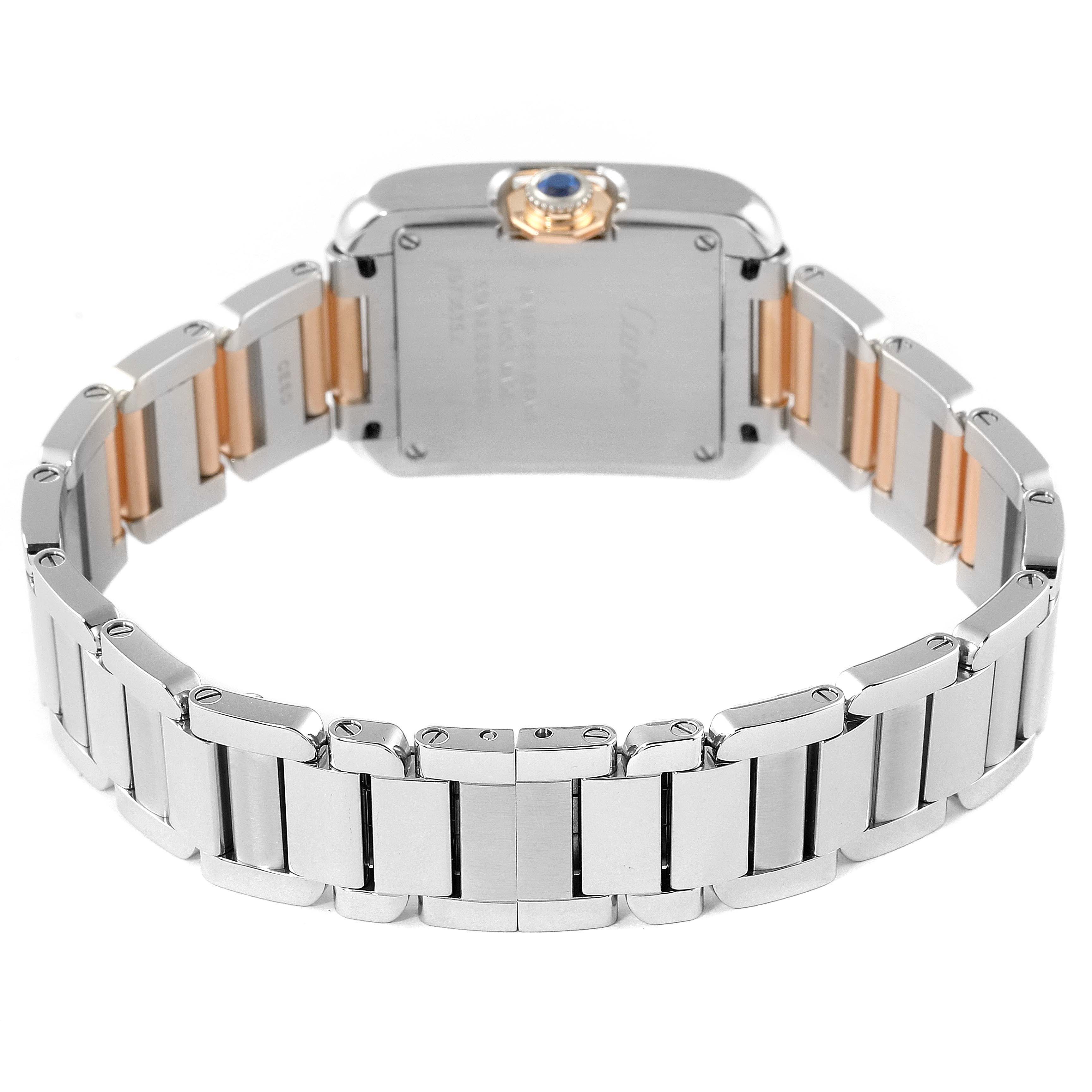 The image shows the back view of a Cartier Tank Anglaise W5310019 Women's Steel and Gold (two tone) Silver Dial W5310019 Women's Steel and Gold (two tone) Silver Dial watch, focusing on the bracelet and case back.