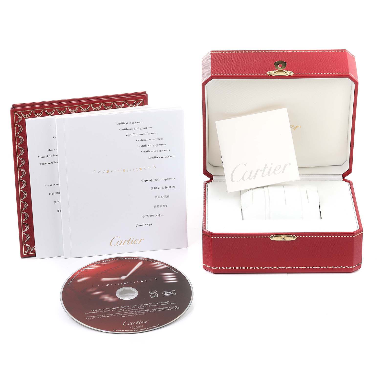 The image shows a Cartier Tank Anglaise W5310019 Women's Steel and Gold (two tone) Silver Dial W5310019 Women's Steel and Gold (two tone) Silver Dial watch box, certificate booklet, and a CD from a frontal angle.