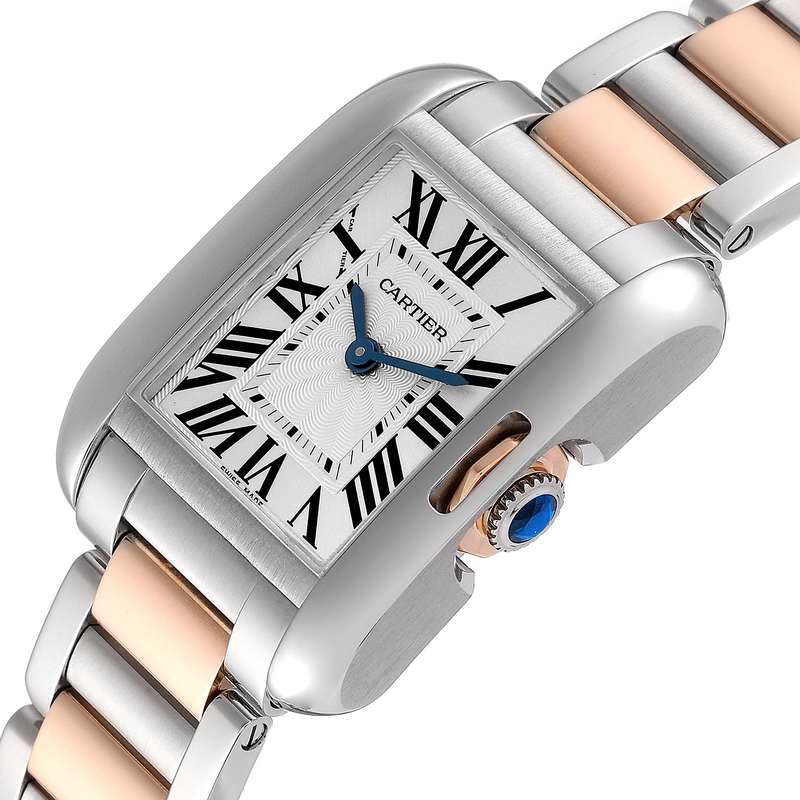 The image shows a close-up, side angle of the Cartier Tank Anglaise W5310019 Women's Steel and Gold (two tone) Silver Dial W5310019 Women's Steel and Gold (two tone) Silver Dial watch, highlighting the dial, crown, and part of the bracelet.