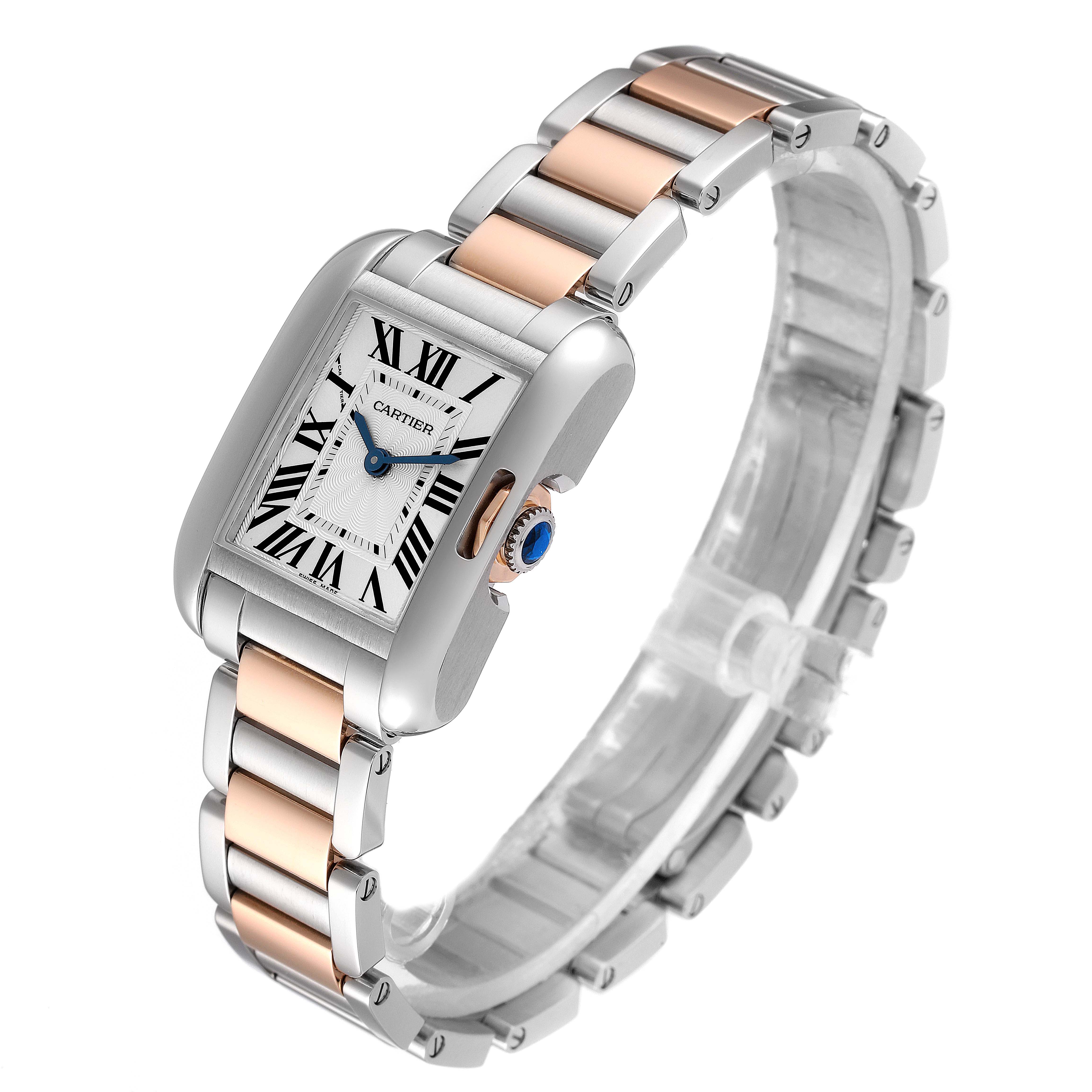 The Cartier Tank Anglaise W5310019 Women's Steel and Gold (two tone) Silver Dial W5310019 Women's Steel and Gold (two tone) Silver Dial watch is shown at a three-quarter angle, highlighting the face, bezel, crown, and bracelet.