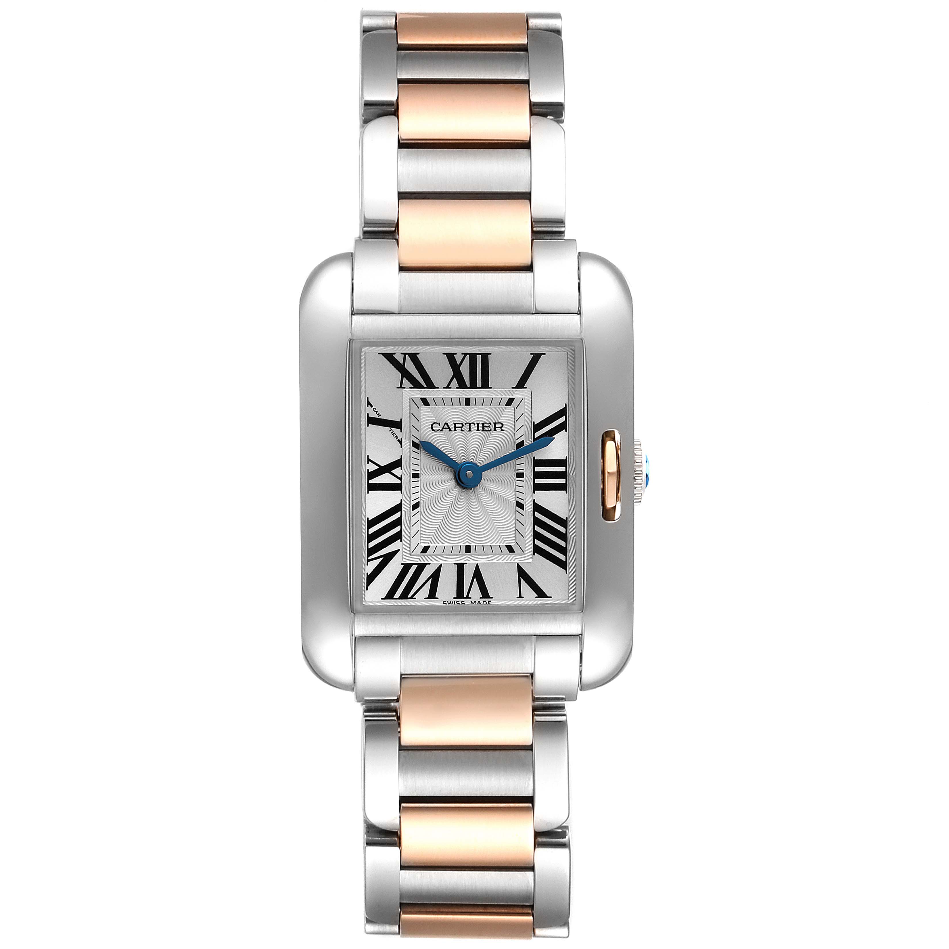 The Cartier Tank Anglaise W5310019 Women's Steel and Gold (two tone) Silver Dial W5310019 Women's Steel and Gold (two tone) Silver Dial watch is shown from a front angle, highlighting its rectangular face and two-tone metal bracelet.