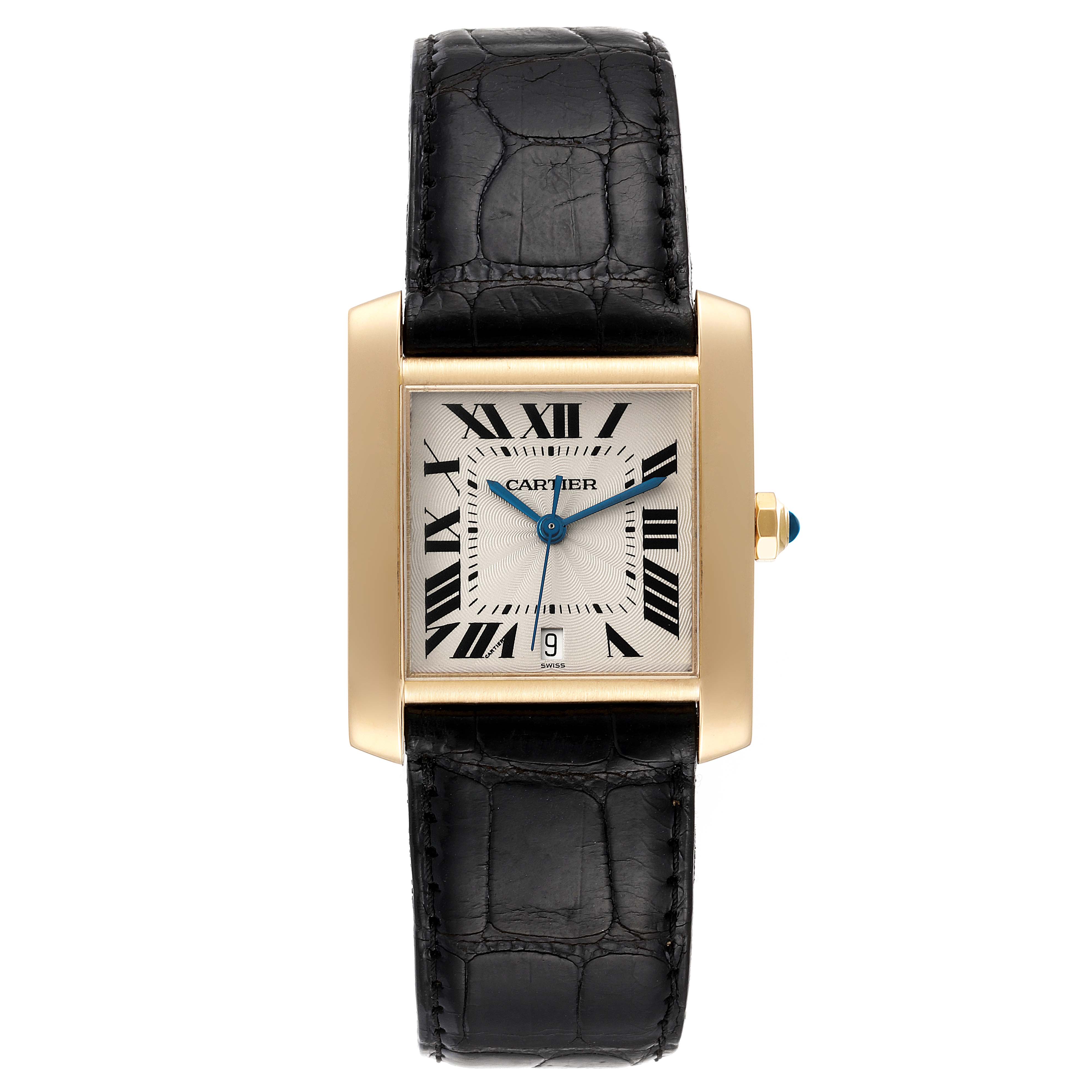 This image shows a front view of the Cartier Tank Francaise W5000156 Men's Yellow Gold Silver Dial W5000156 Men's Yellow Gold Silver Dial watch, highlighting the dial, case, crown, and leather strap.
