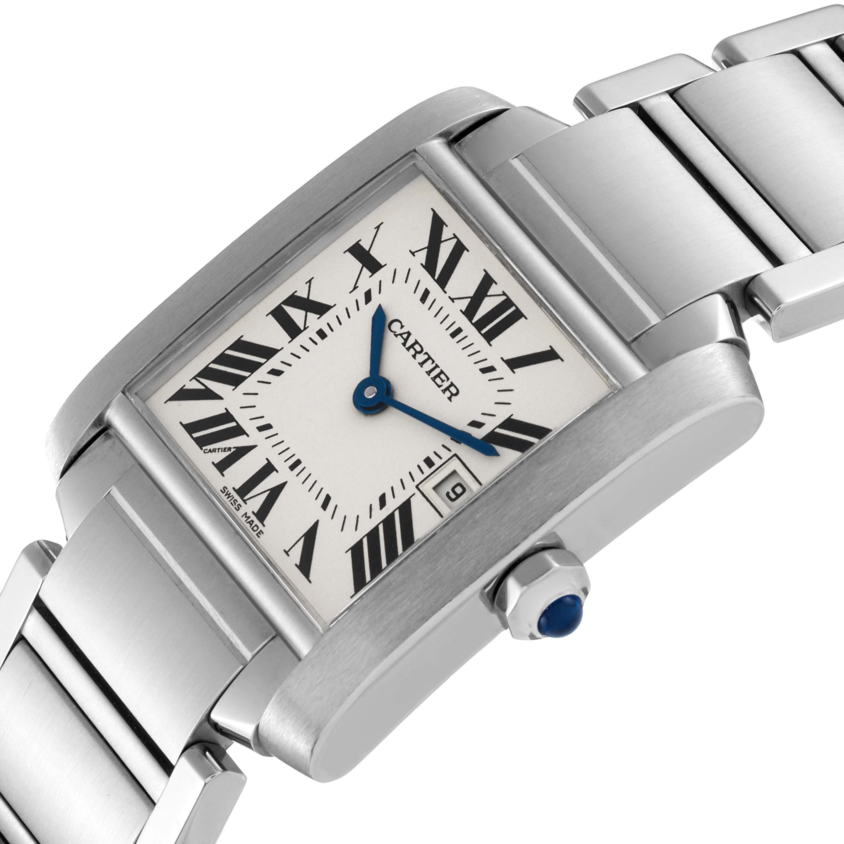 The image shows a close-up of the Cartier Tank Francaise W51011Q3 Women's Stainless Steel Silver Dial W51011Q3 Women's Stainless Steel Silver Dial watch, displaying its face, Roman numerals, crown, and metal bracelet.