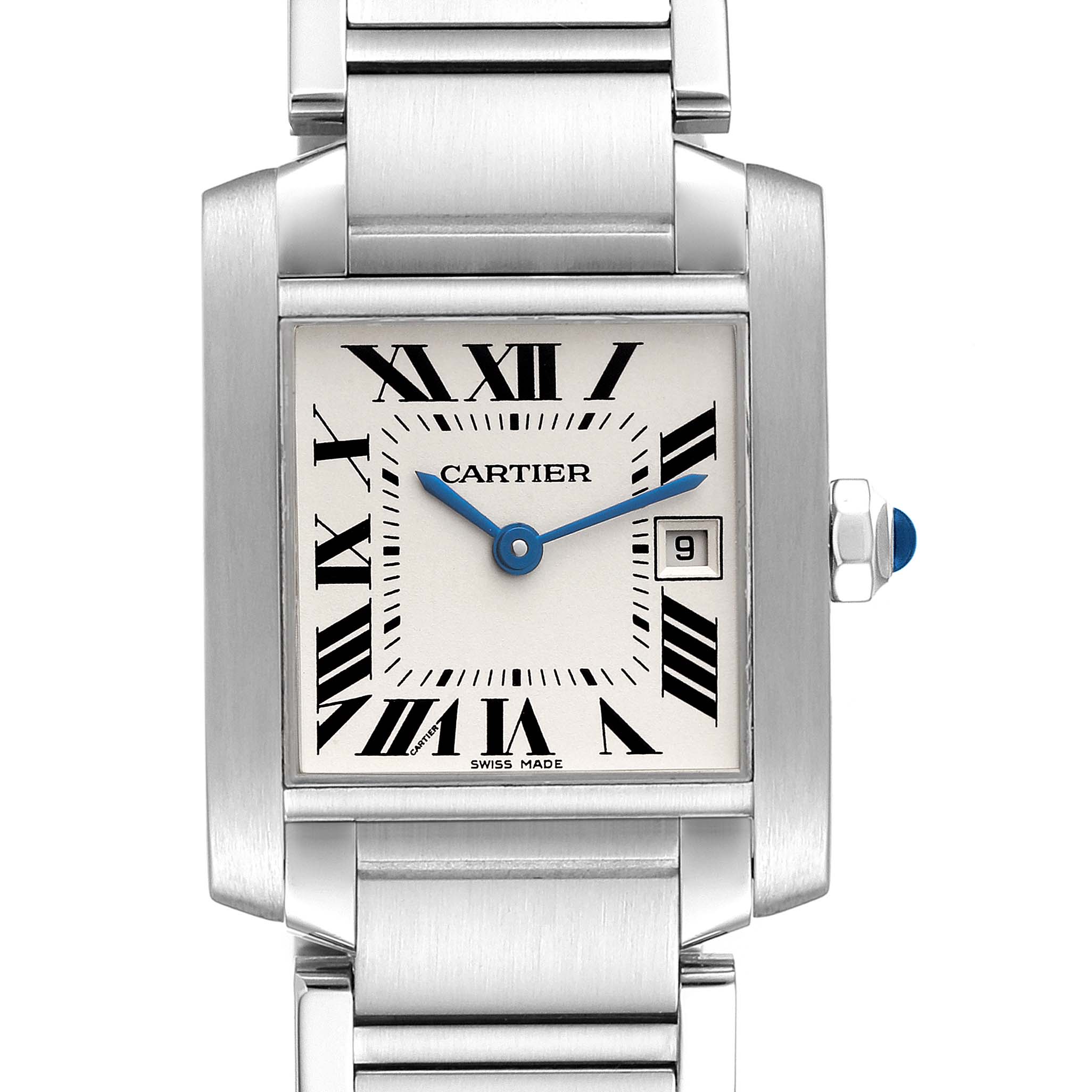 The image shows a Cartier Tank Francaise W51011Q3 Women's Stainless Steel Silver Dial W51011Q3 Women's Stainless Steel Silver Dial watch from a front angle, highlighting its face, Roman numerals, and stainless steel bracelet.