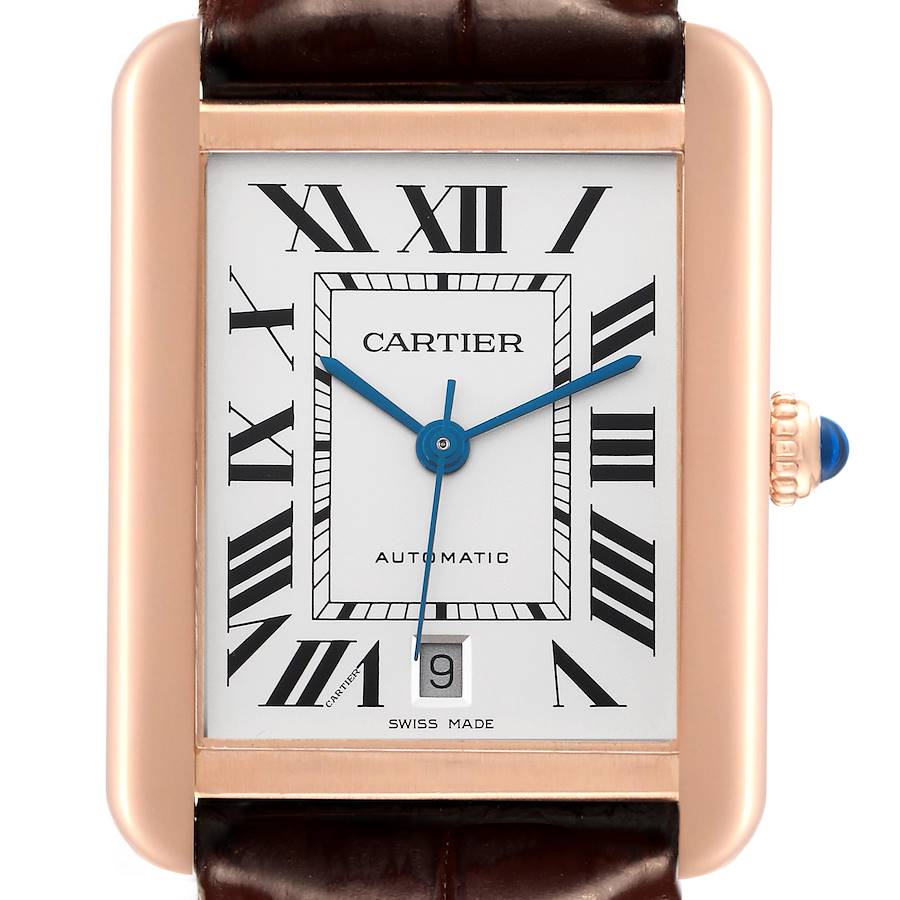 The Cartier Tank Solo watch is shown from the front, highlighting the dial with Roman numerals, blue hands, and the date window.