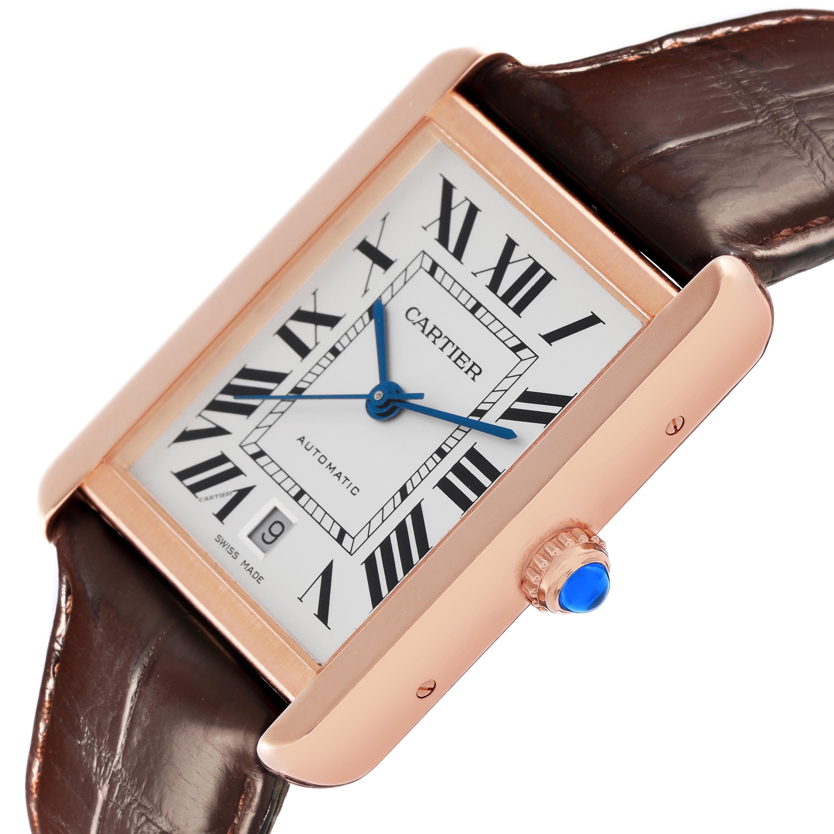 The Cartier Tank Solo W5200026 Men
s Steel and Gold (two tone) Silver Dial W5200026 Men
s Steel and Gold (two tone) Silver Dial watch is shown at an angled view, highlighting its face, Roman numerals, blue hands, and crown with a blue cabochon.