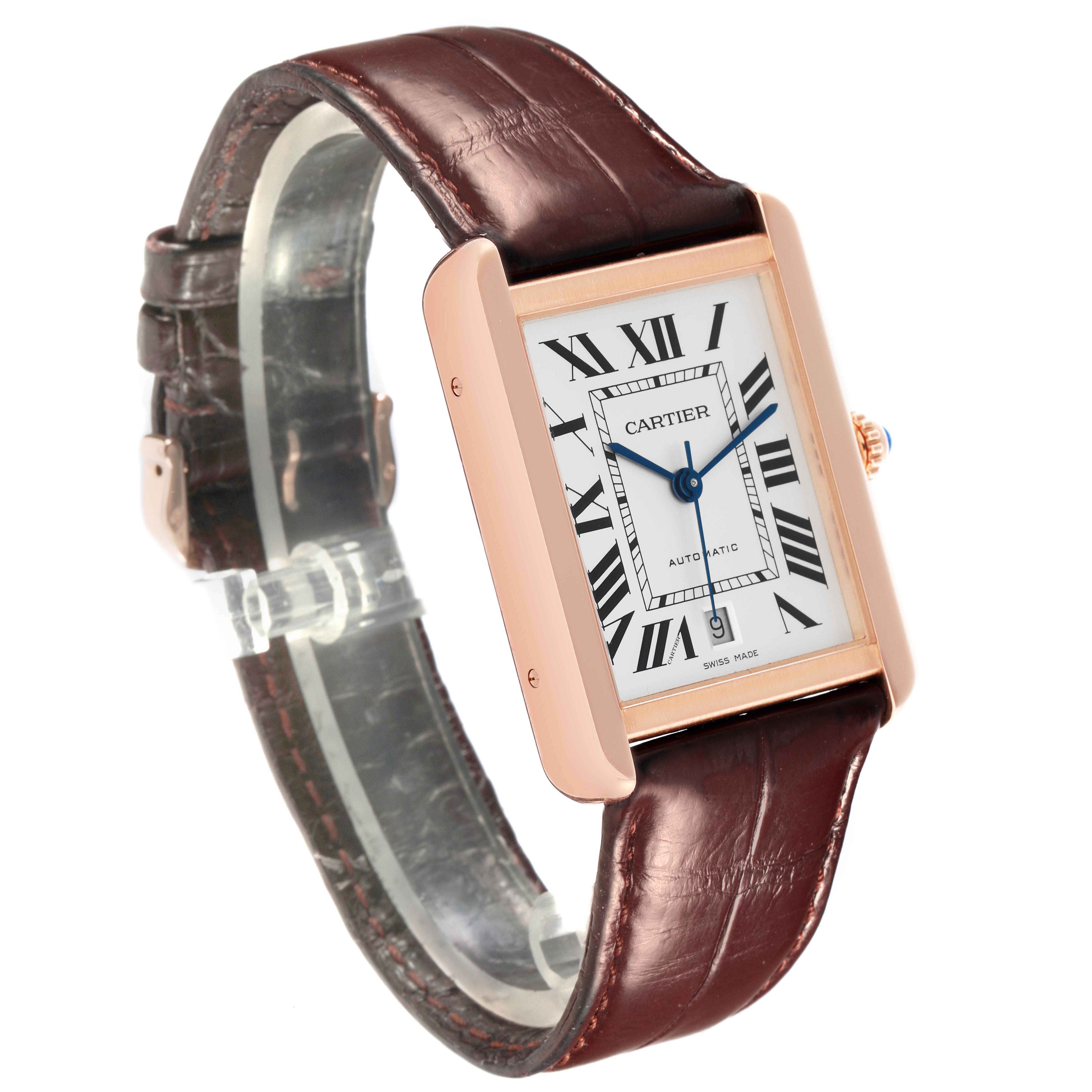 The Cartier Tank Solo W5200026 Men
s Steel and Gold (two tone) Silver Dial W5200026 Men
s Steel and Gold (two tone) Silver Dial watch is shown at a three-quarter angle, highlighting the face, Roman numerals, and leather strap.