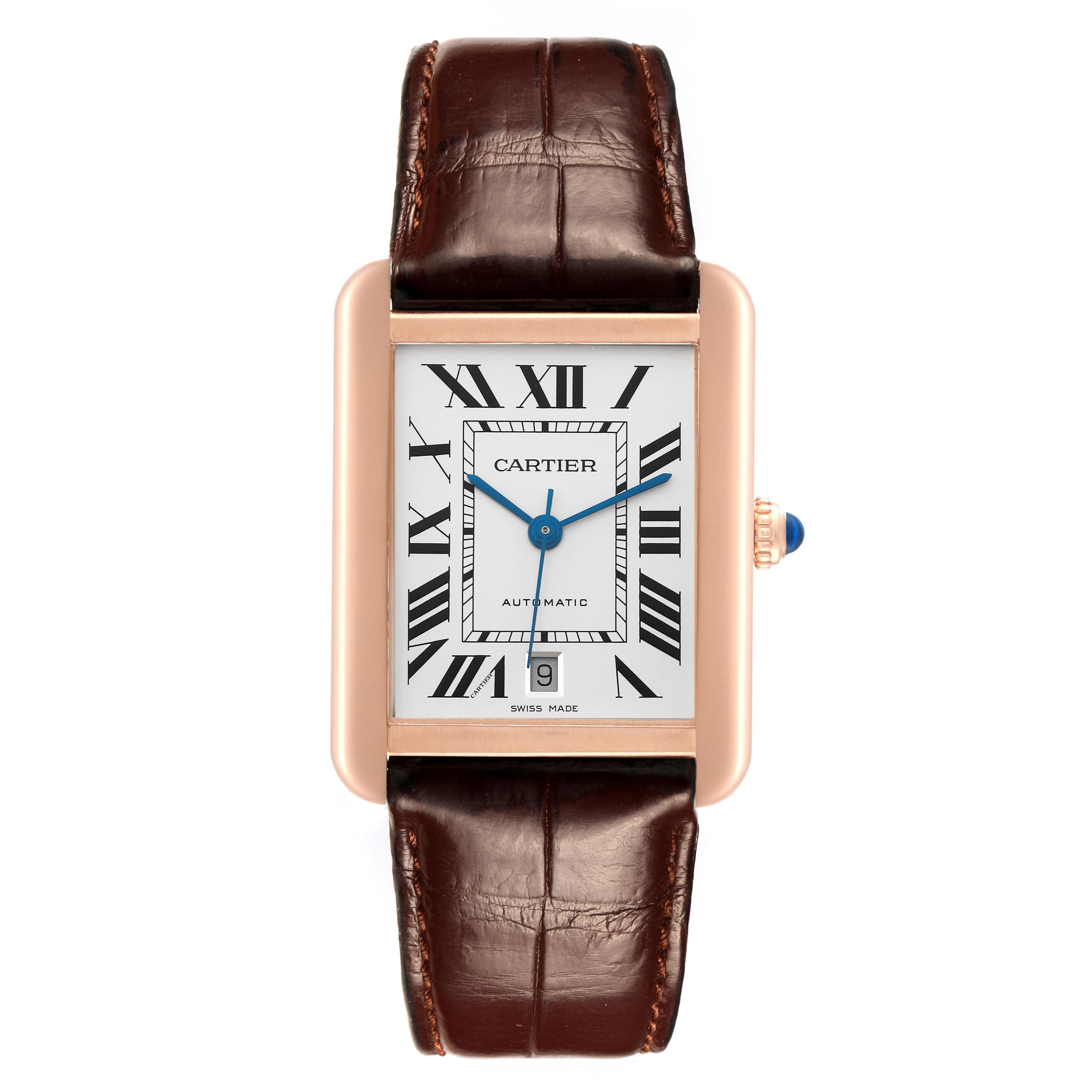 The Cartier Tank Solo W5200026 Men
s Steel and Gold (two tone) Silver Dial W5200026 Men
s Steel and Gold (two tone) Silver Dial watch is shown from a front view, highlighting its rectangular case, Roman numerals, and leather strap.