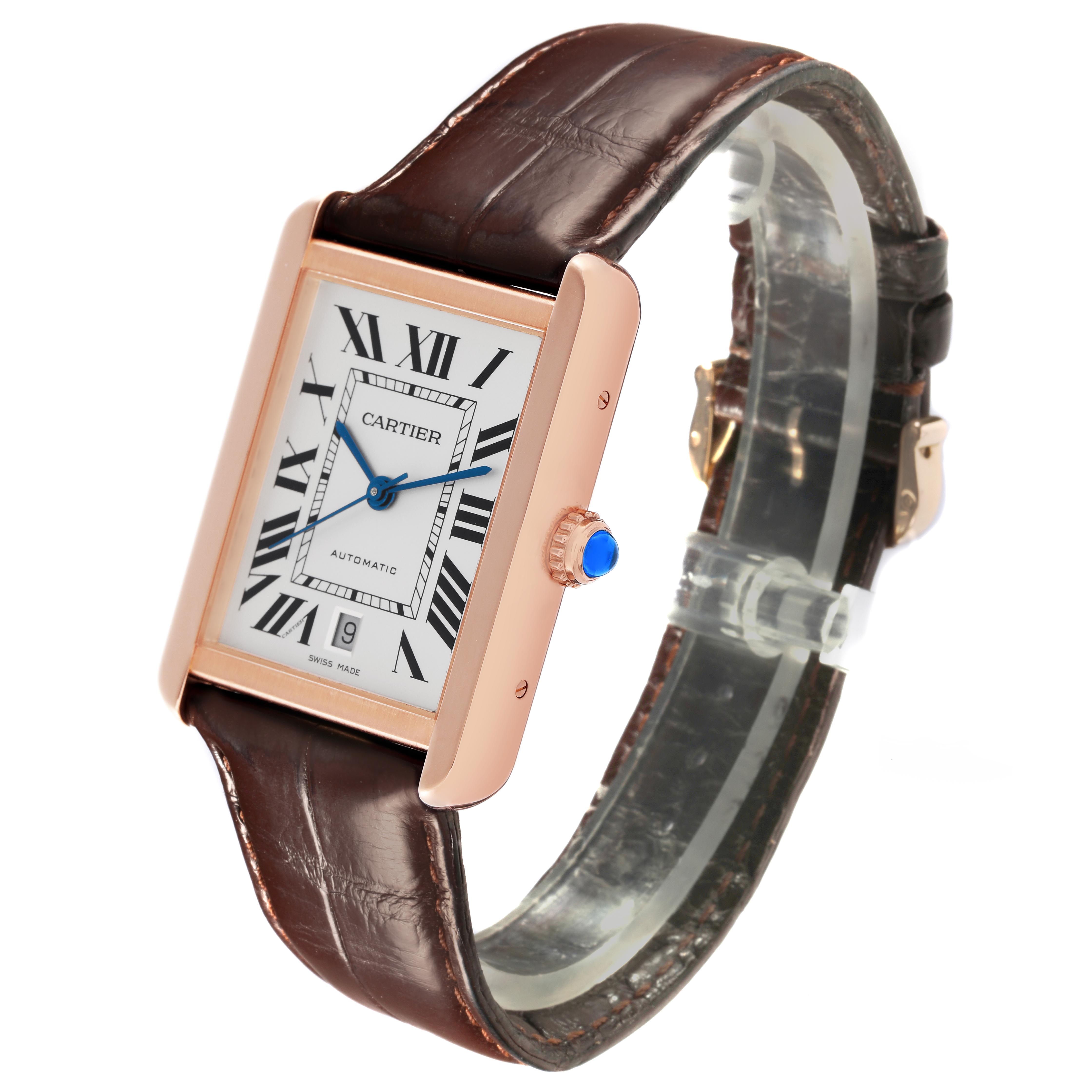The Cartier Tank Solo W5200026 Men
s Steel and Gold (two tone) Silver Dial W5200026 Men
s Steel and Gold (two tone) Silver Dial watch is shown at an angled view, highlighting the rectangular face, crown, and brown leather strap.