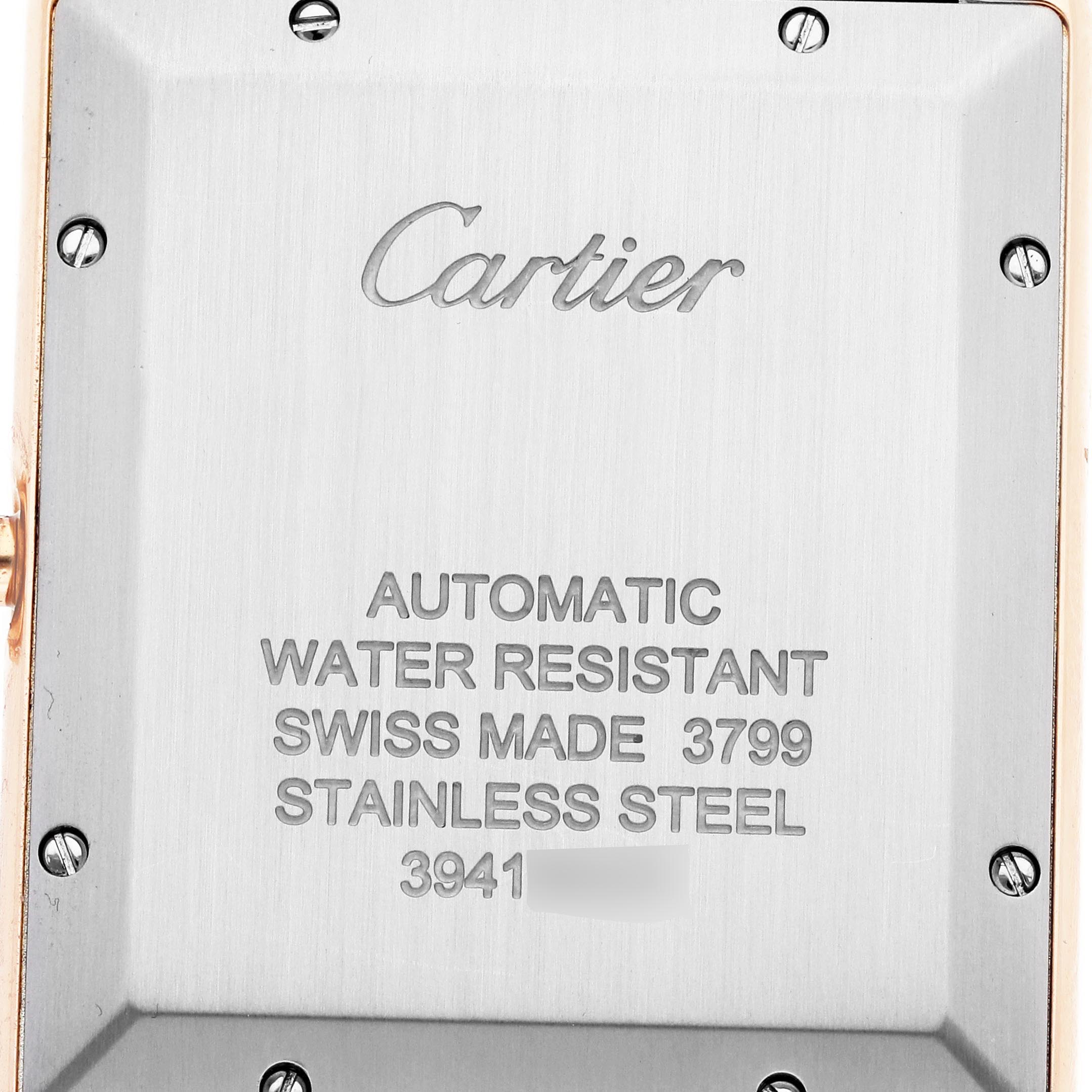 The image shows the back case of the Cartier Tank Solo W5200026 Men
s Steel and Gold (two tone) Silver Dial W5200026 Men
s Steel and Gold (two tone) Silver Dial watch, highlighting the brand and specifications.