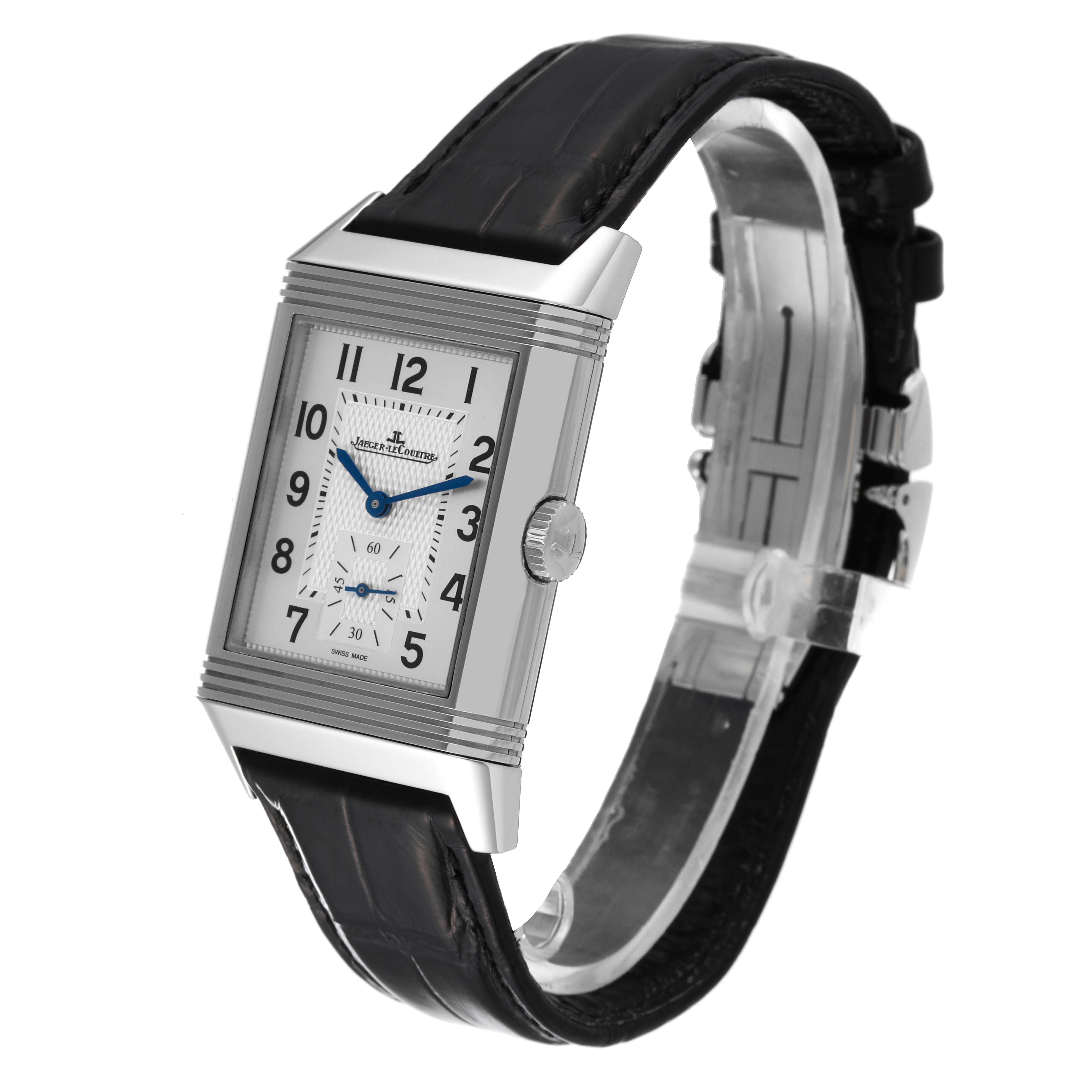 The image shows a Jaeger-LeCoultre Reverso watch at an angle highlighting its face, case, crown, and leather strap.