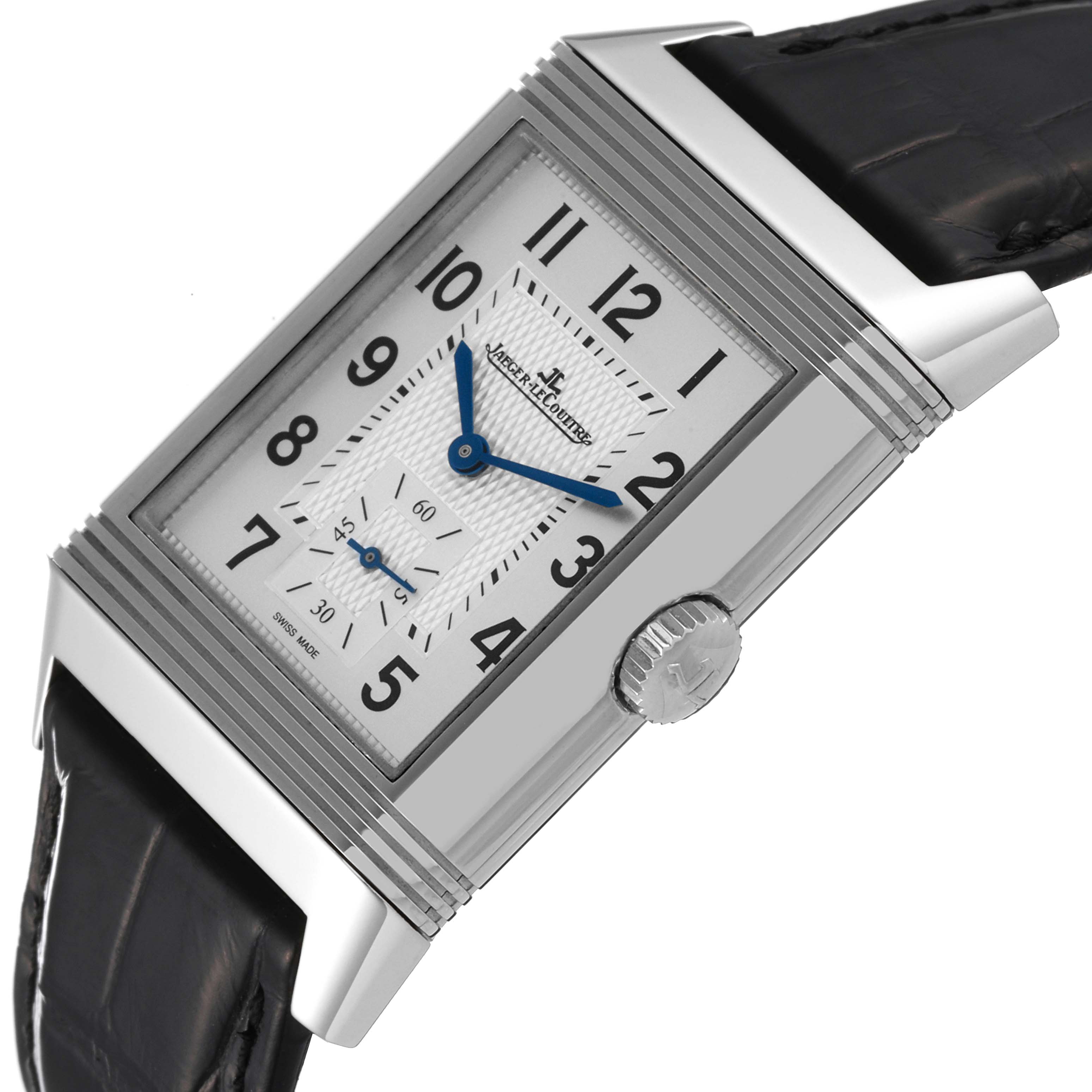 The image shows a close-up of the Jaeger LeCoultre Reverso Q3848420 Men's Stainless Steel Silver Dial Q3848420 Men's Stainless Steel Silver Dial watch face, crown, case, and part of the leather strap at a slight angle.