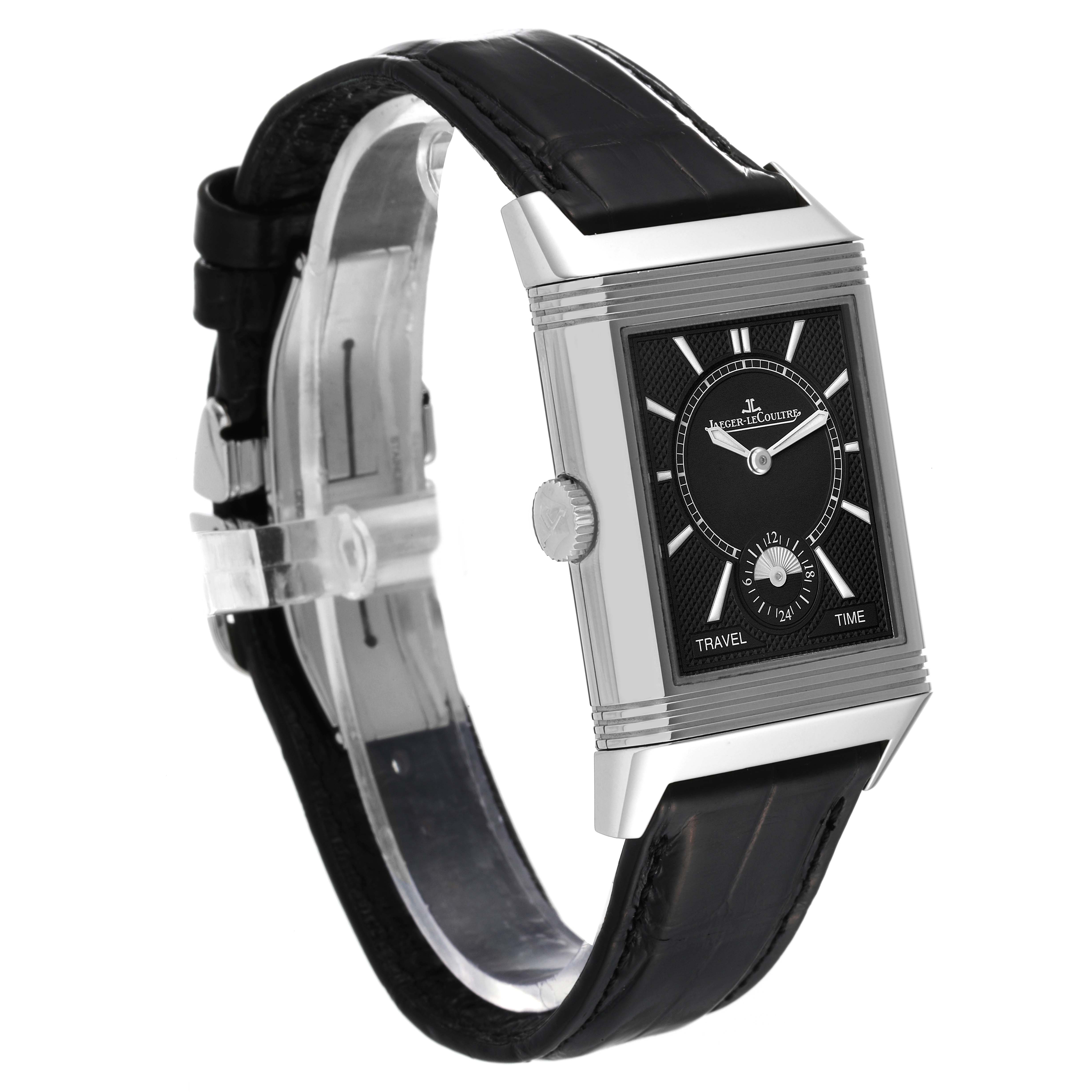 This image shows a side-angle view of the Jaeger LeCoultre Reverso Q3848420 Men's Stainless Steel Silver Dial Q3848420 Men's Stainless Steel Silver Dial watch, displaying the face, strap, and crown.