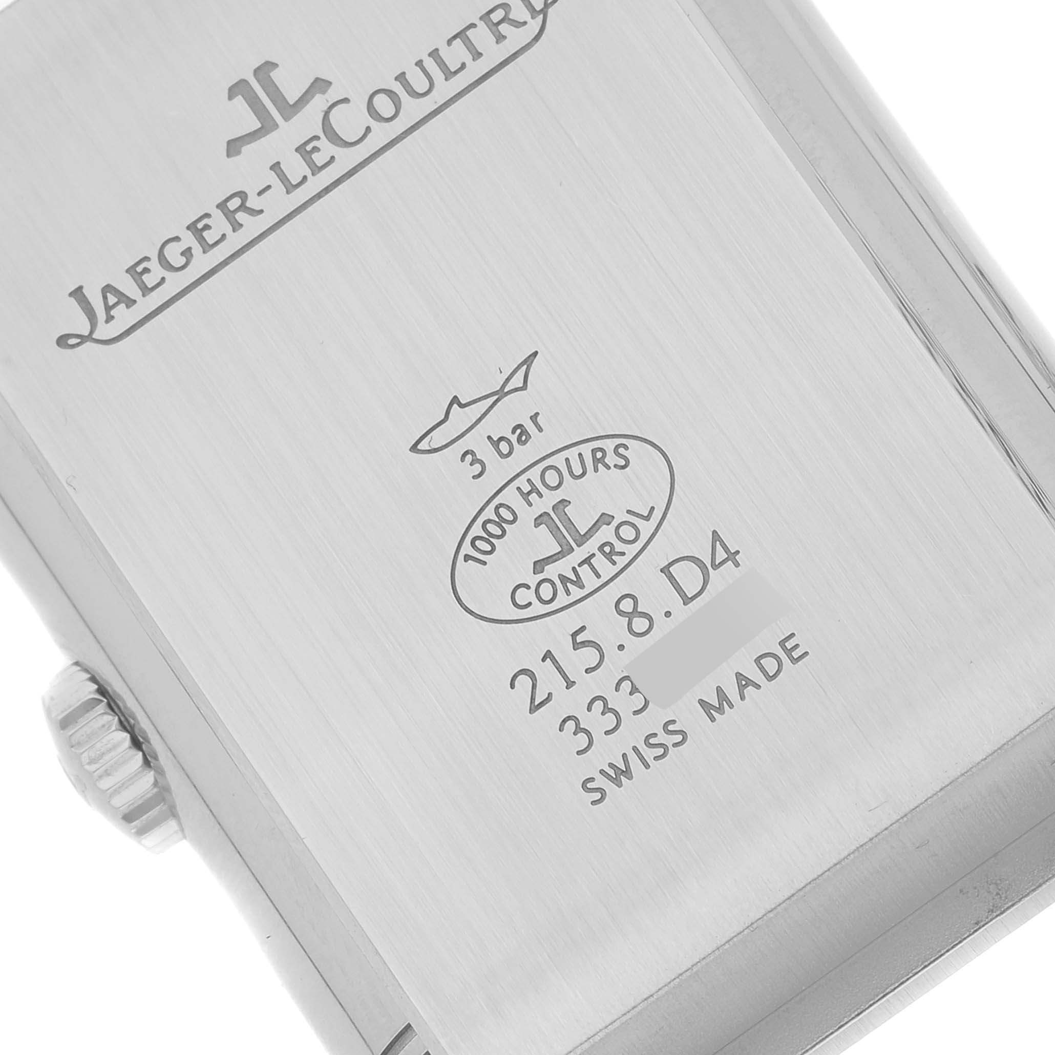 This image shows the case back of the Jaeger-LeCoultre Reverso watch, highlighting the brand logo, inscriptions, and specifications.