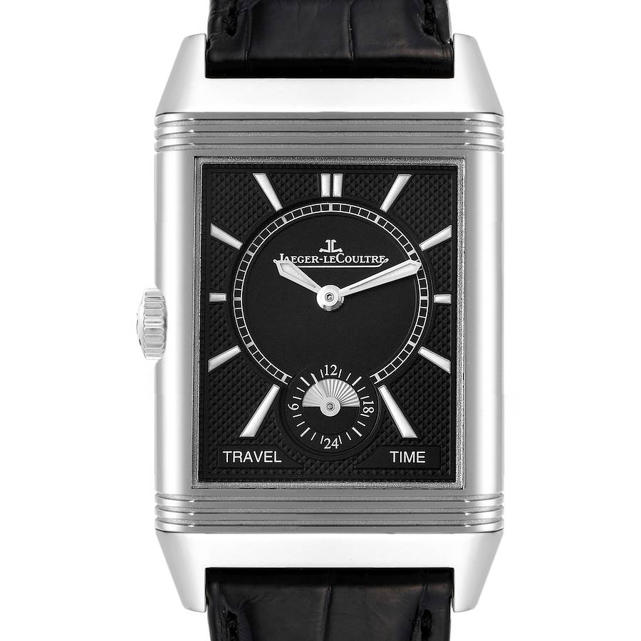 The image shows a front view of the Jaeger LeCoultre Reverso watch, displaying its face, dial, crown, and part of its leather strap.