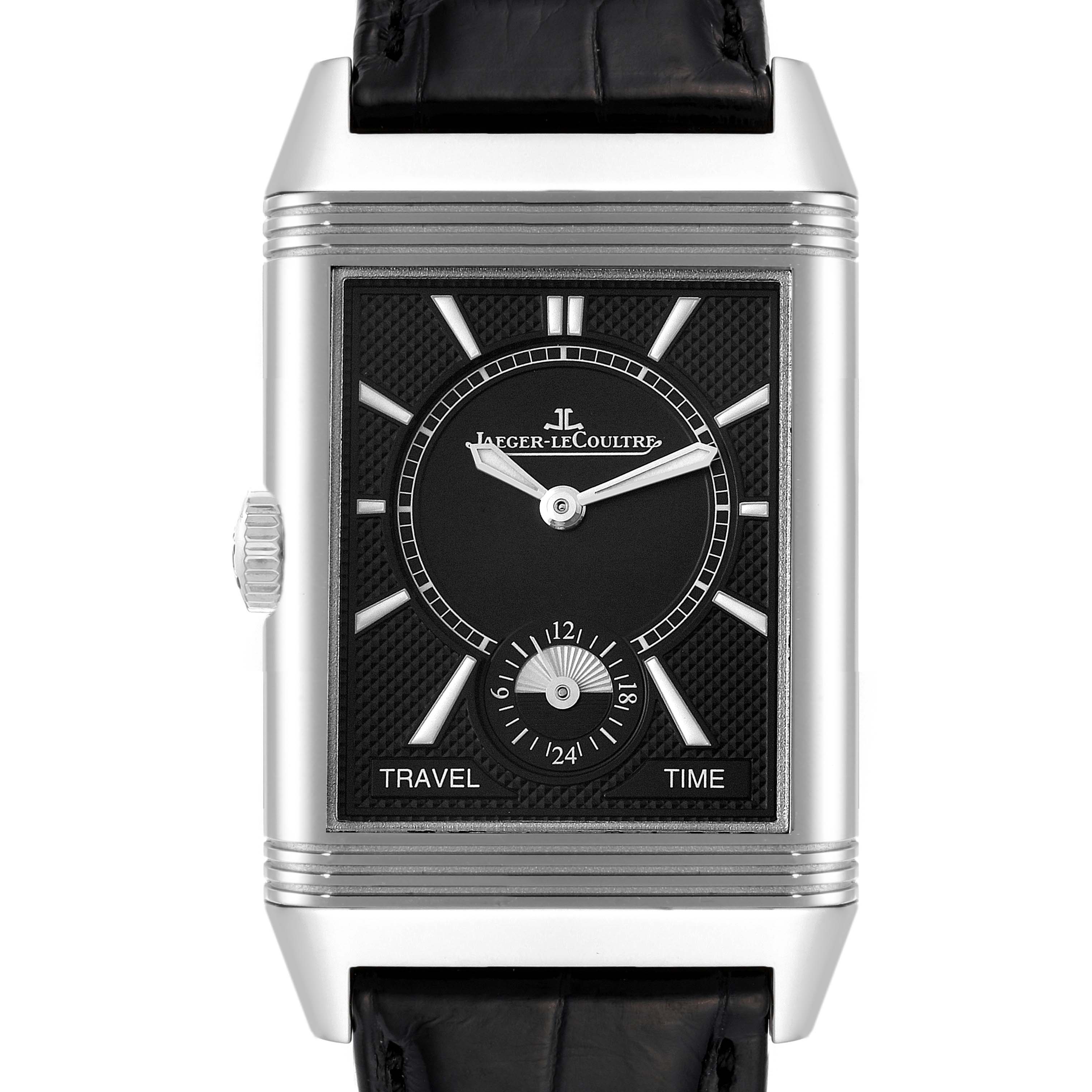 The image shows a front view of the Jaeger LeCoultre Reverso Q3848420 Men's Stainless Steel Silver Dial Q3848420 Men's Stainless Steel Silver Dial watch, displaying its face, dial, crown, and part of its leather strap.