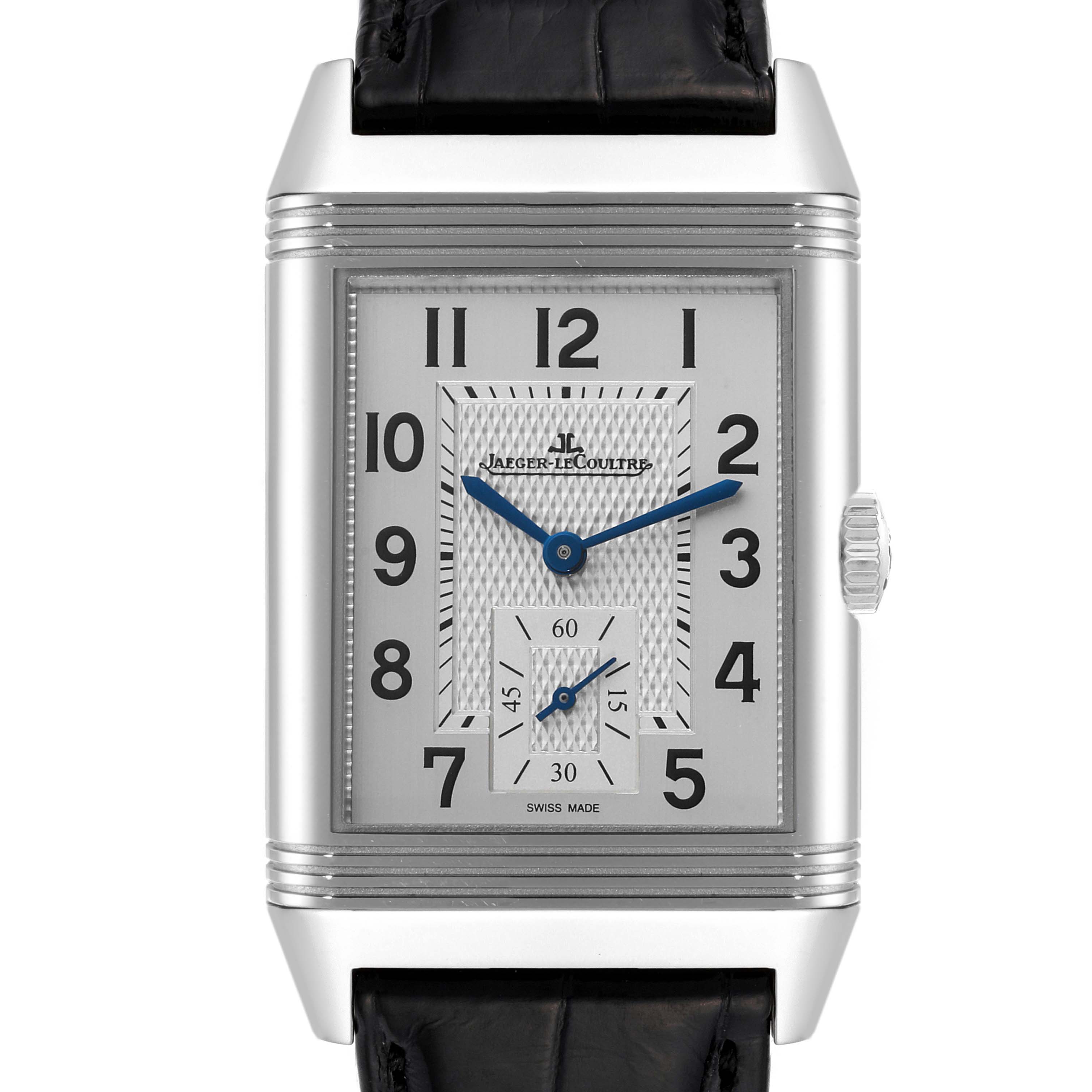 This image shows the Jaeger LeCoultre Reverso Q3848420 Men's Stainless Steel Silver Dial Q3848420 Men's Stainless Steel Silver Dial watch from the front, highlighting its face, dial, and crown.