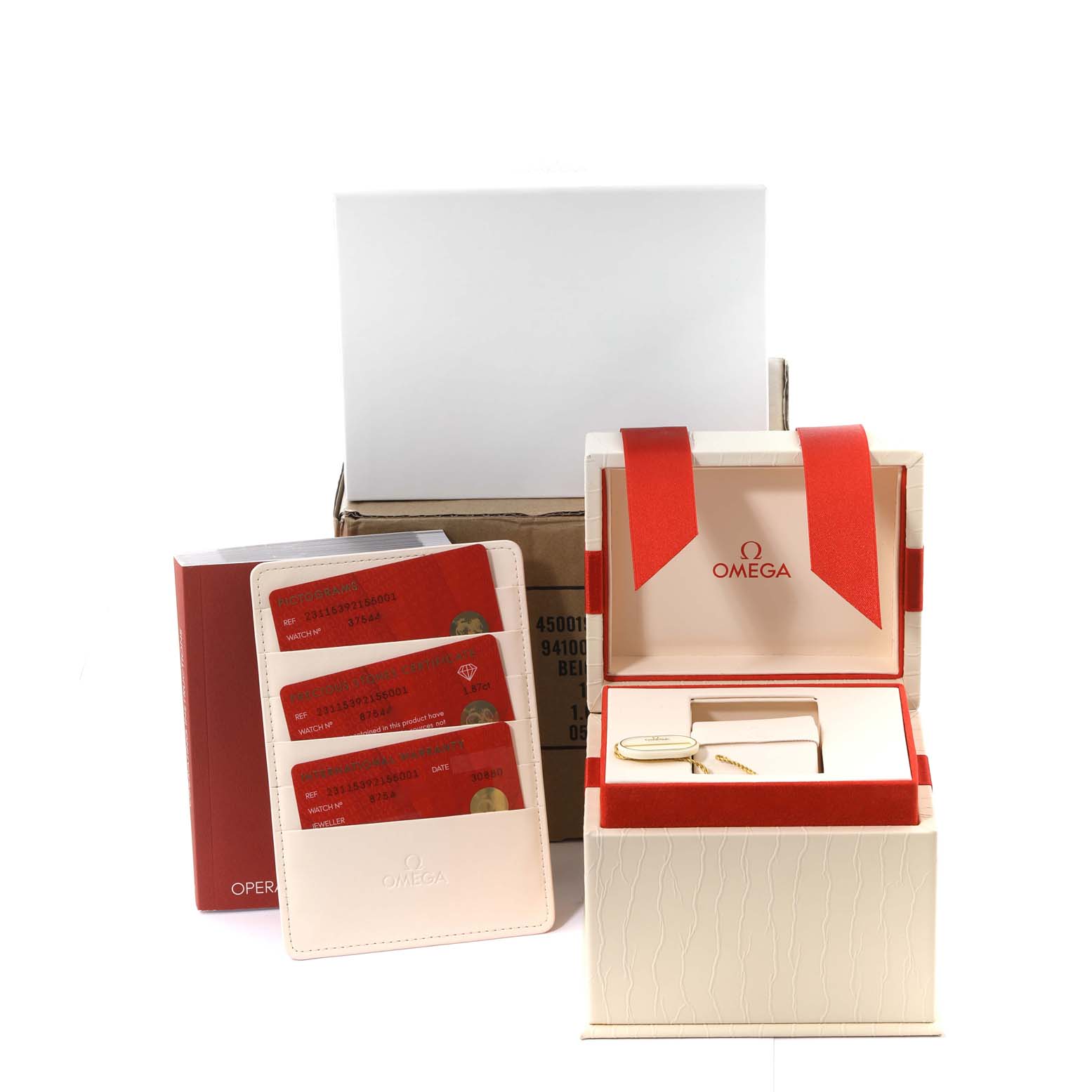 The image shows the packaging, warranty cards, and inner box for the Omega 231.15.39.21.55.001 Women's Stainless Steel Mother of Pearl Dial 231.15.39.21.55.001 Women's Stainless Steel Mother of Pearl Dial Aqua Terra MOP Dial Diamond Steel Ladies Watch 231.15.39.21.55.001 Unworn model.