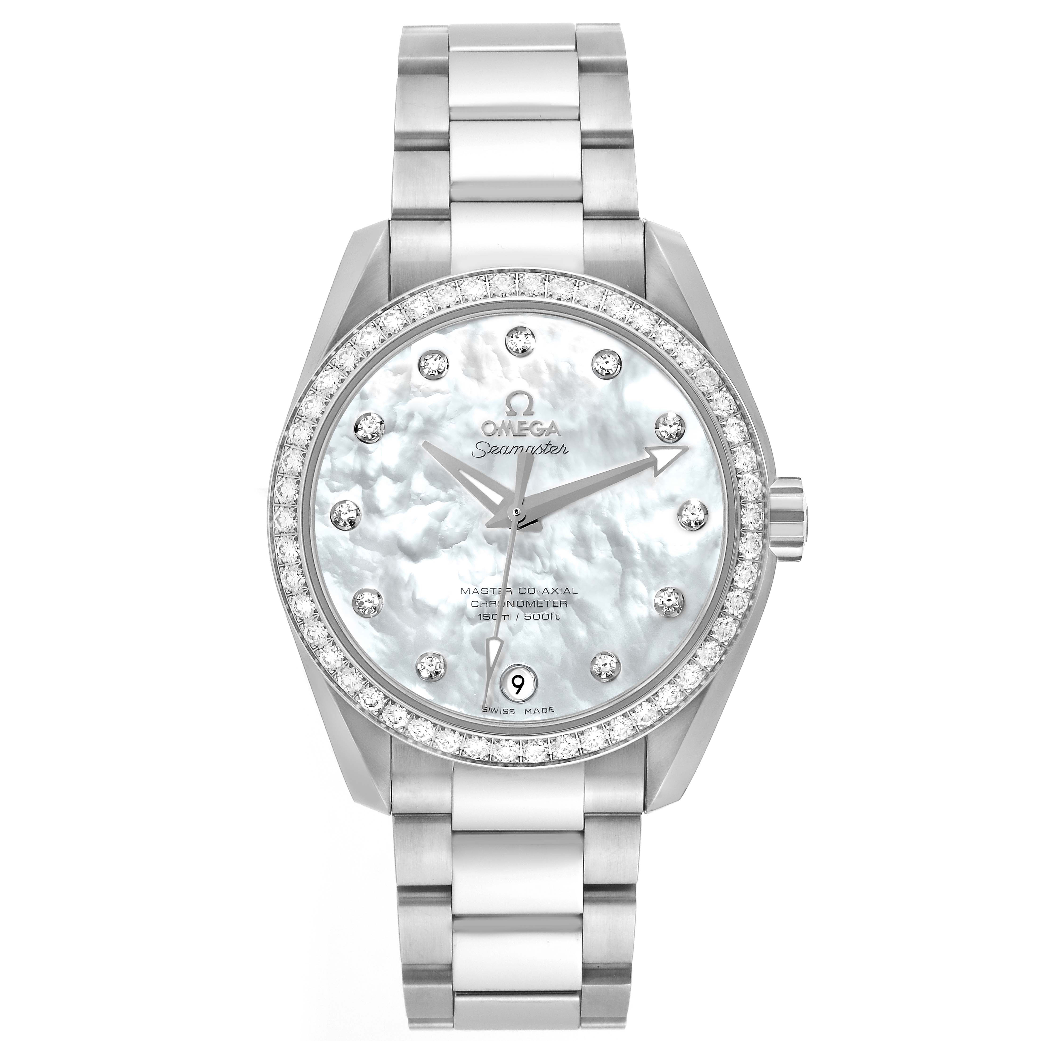 This image shows a front view of the Omega 231.15.39.21.55.001 Women's Stainless Steel Mother of Pearl Dial 231.15.39.21.55.001 Women's Stainless Steel Mother of Pearl Dial Aqua Terra MOP Dial Diamond Steel Ladies Watch, model 231.15.39.21.55.001.