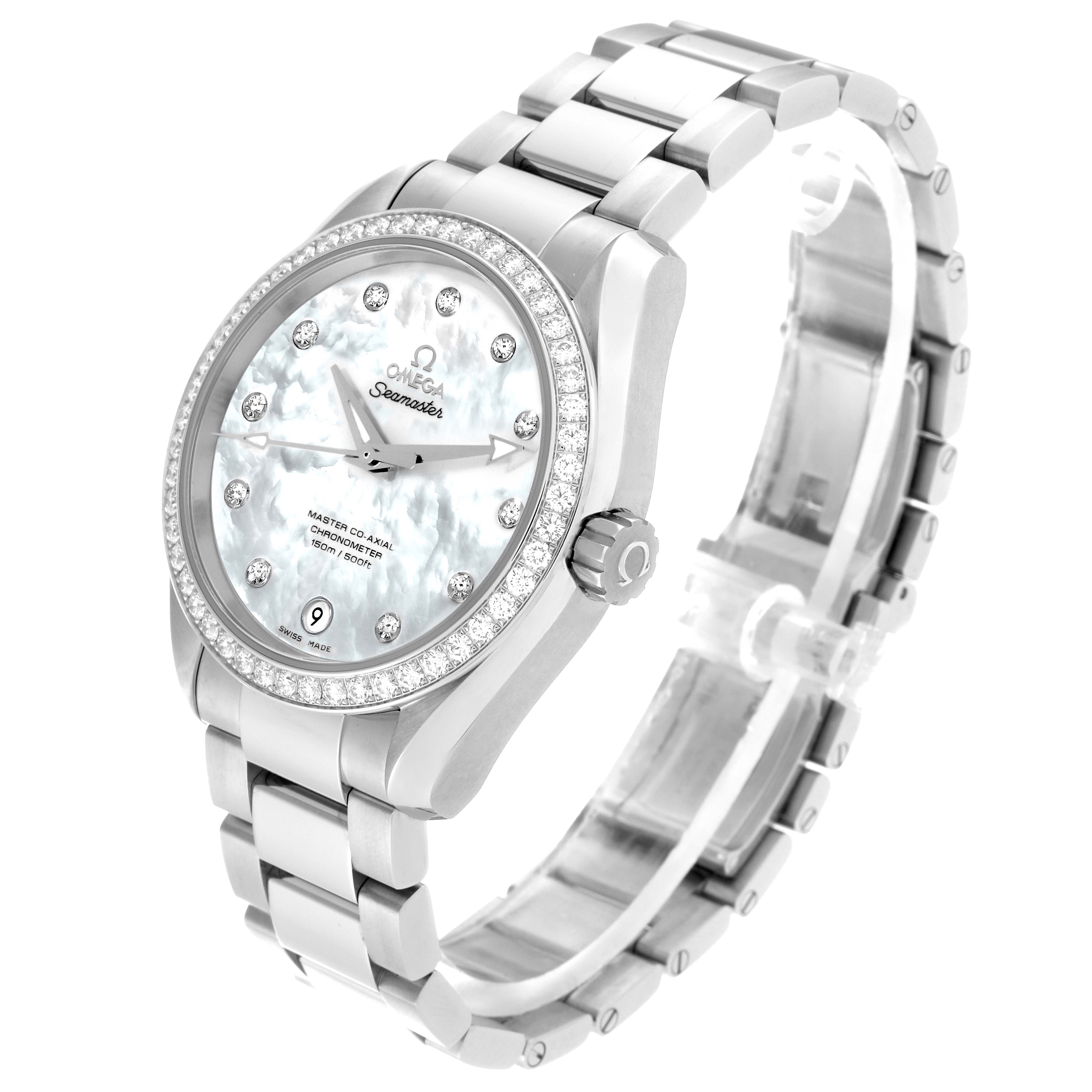 The image shows an angled view of the Omega 231.15.39.21.55.001 Women's Stainless Steel Mother of Pearl Dial 231.15.39.21.55.001 Women's Stainless Steel Mother of Pearl Dial Aqua Terra MOP Dial Diamond Steel Ladies Watch 231.15.39.21.55.001, highlighting the dial, bezel, and bracelet.