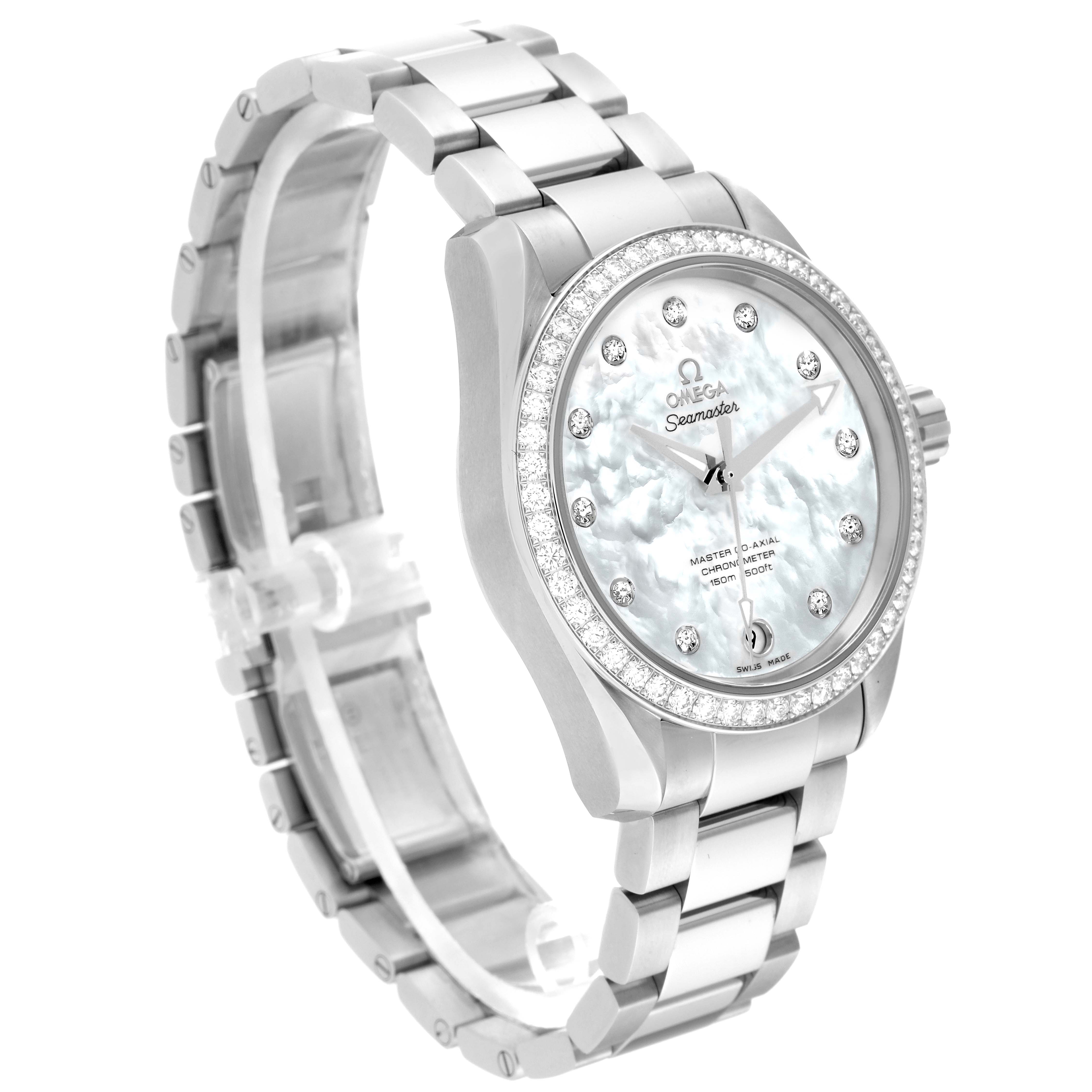 The image shows a left-side view of the Omega 231.15.39.21.55.001 Women's Stainless Steel Mother of Pearl Dial 231.15.39.21.55.001 Women's Stainless Steel Mother of Pearl Dial Aqua Terra MOP Dial Diamond Steel Ladies Watch 231.15.39.21.55.001.