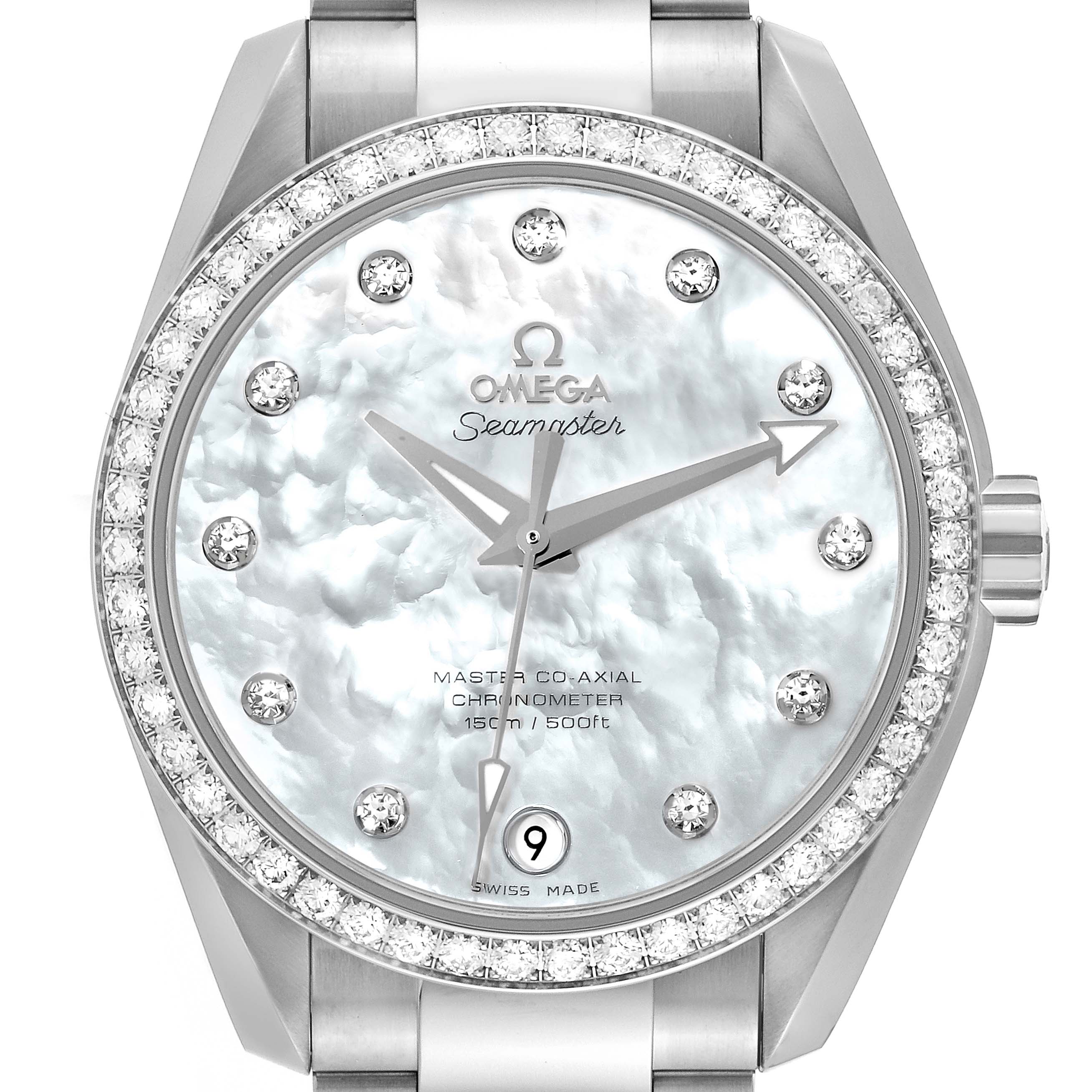 This image shows a front view of the Omega 231.15.39.21.55.001 Women's Stainless Steel Mother of Pearl Dial 231.15.39.21.55.001 Women's Stainless Steel Mother of Pearl Dial Aqua Terra MOP Dial Diamond Steel Ladies Watch 231.15.39.21.55.001 displaying its face and bezel.
