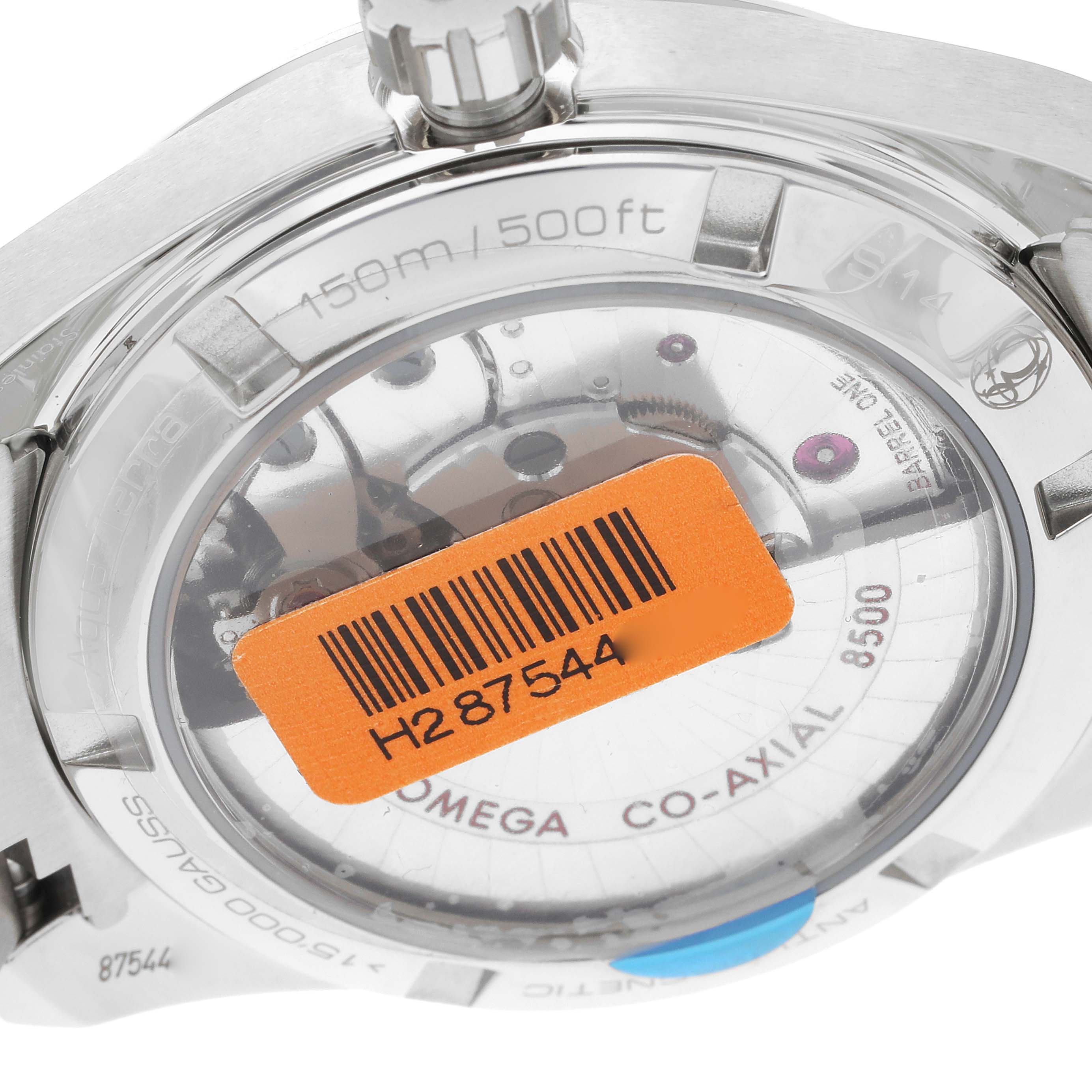 The image shows the back view of the Omega 231.15.39.21.55.001 Women's Stainless Steel Mother of Pearl Dial 231.15.39.21.55.001 Women's Stainless Steel Mother of Pearl Dial Aqua Terra MOP Dial Diamond Steel Ladies Watch 231.15.39.21.55.001, revealing the movement.