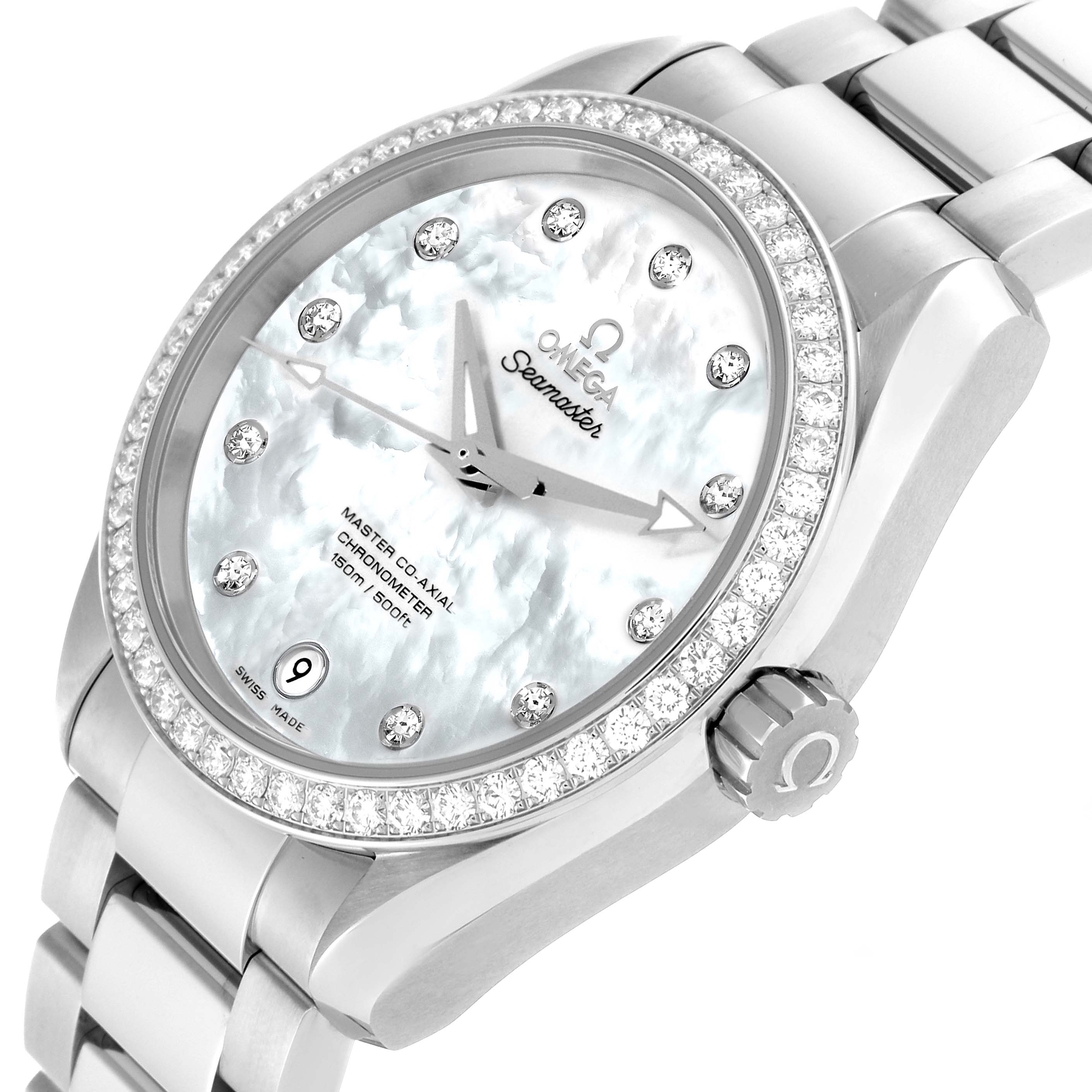 The image shows the Omega 231.15.39.21.55.001 Women's Stainless Steel Mother of Pearl Dial 231.15.39.21.55.001 Women's Stainless Steel Mother of Pearl Dial Aqua Terra MOP Dial Diamond Steel Ladies Watch model 231.15.39.21.55.001 from an angled side view.