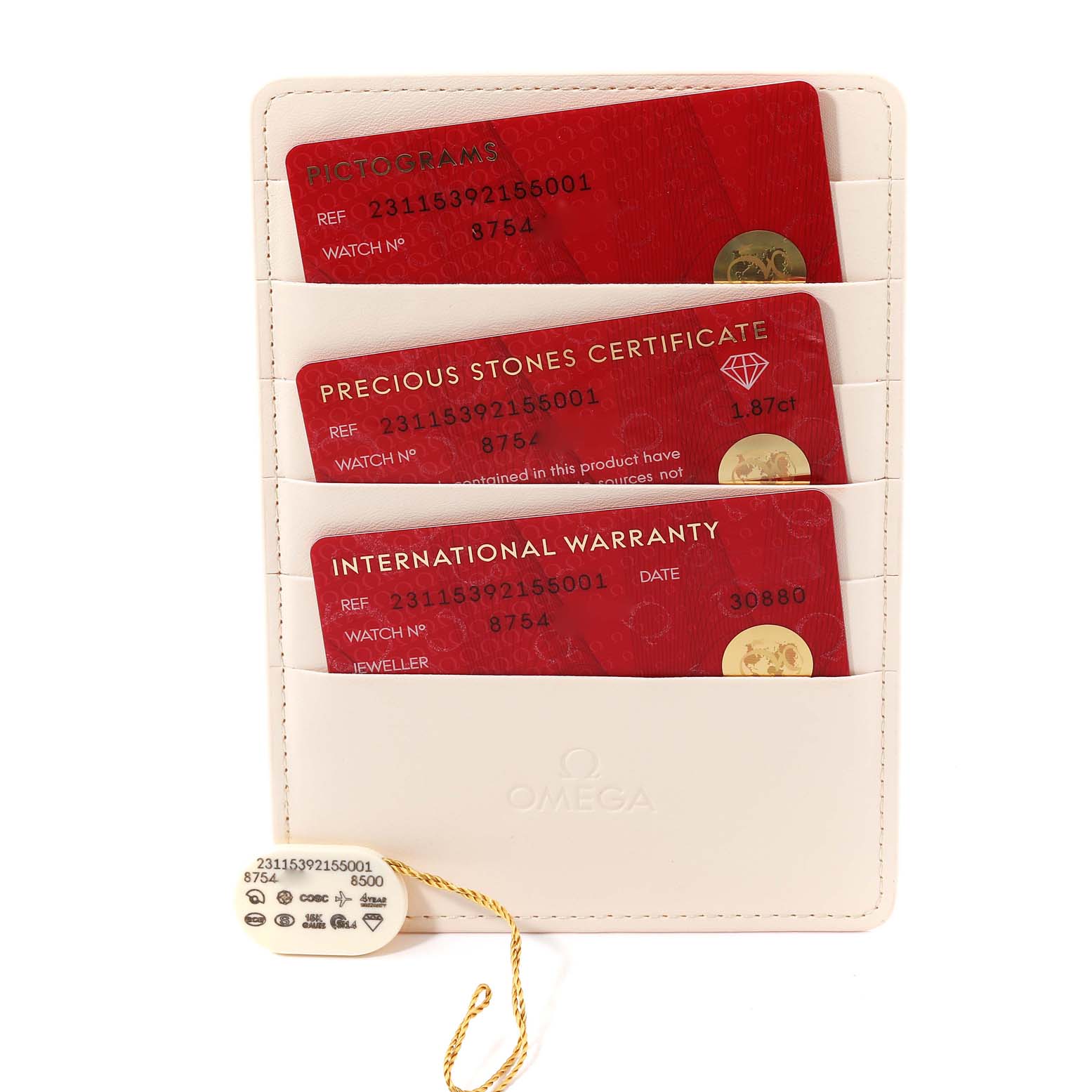 The image shows the warranty cards and certificates for the Omega 231.15.39.21.55.001 Women's Stainless Steel Mother of Pearl Dial 231.15.39.21.55.001 Women's Stainless Steel Mother of Pearl Dial Aqua Terra MOP Dial Diamond Steel Ladies Watch 231.15.39.21.55.001.