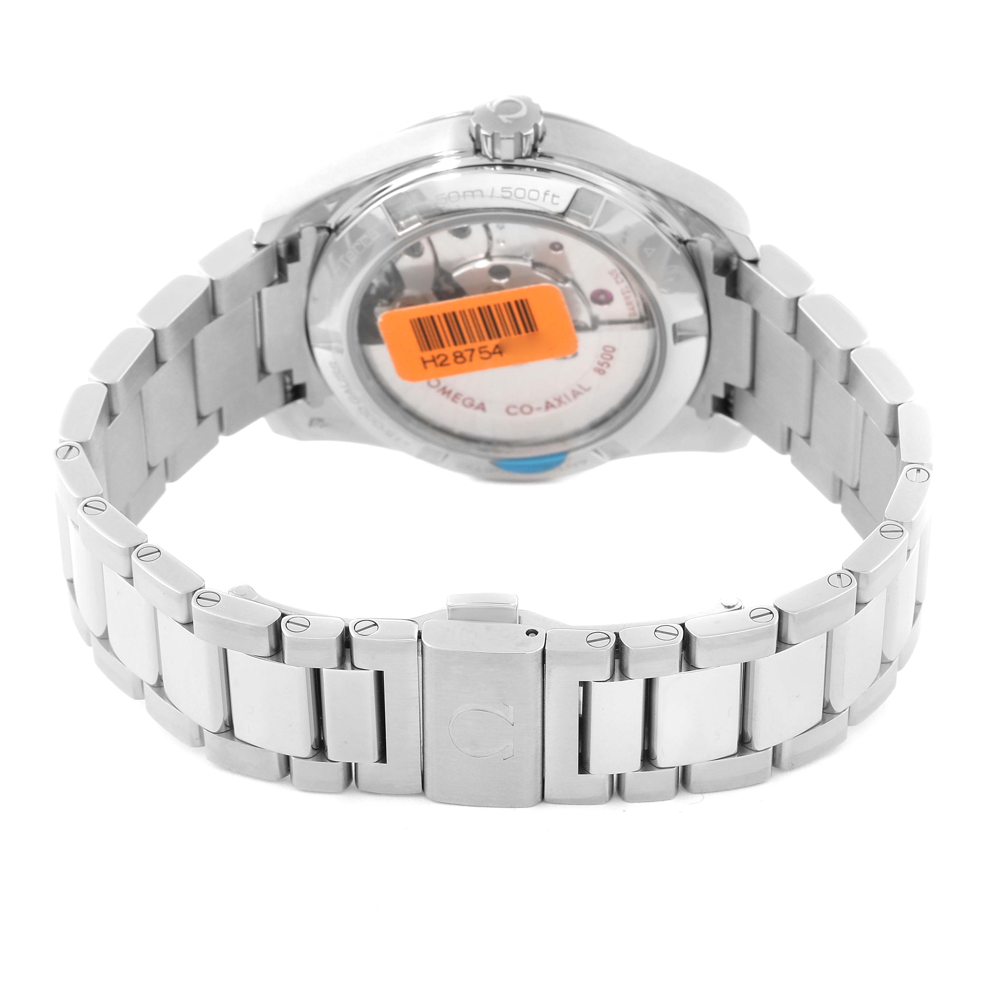 The image shows the back view of the Omega 231.15.39.21.55.001 Women's Stainless Steel Mother of Pearl Dial 231.15.39.21.55.001 Women's Stainless Steel Mother of Pearl Dial Aqua Terra MOP Dial Diamond Steel Ladies Watch 231.15.39.21.55.001, focusing on the bracelet and case back.