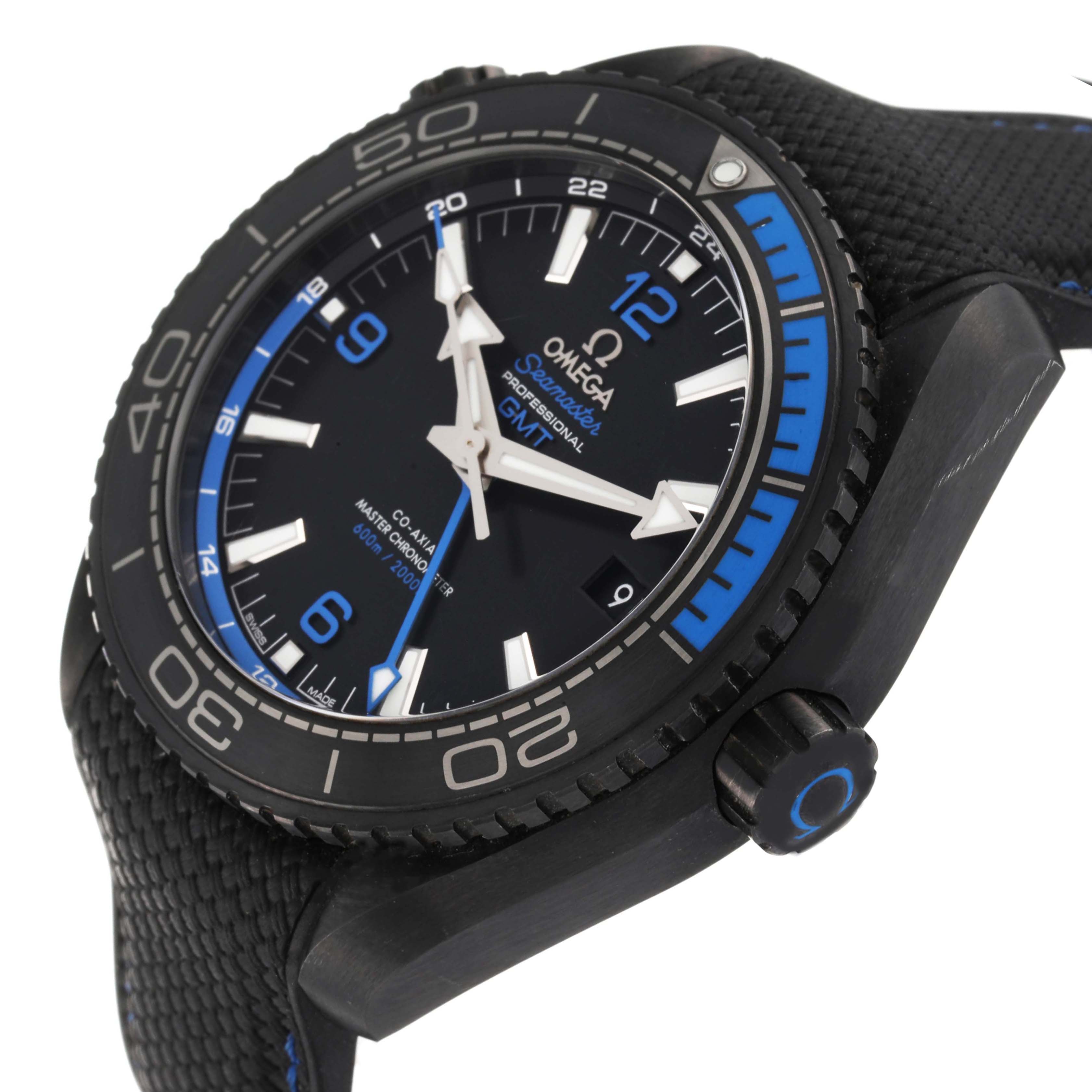 The image shows an Omega Planet Ocean 215.92.46.22.01.002 Men's Ceramic Black Dial 215.92.46.22.01.002 Men's Ceramic Black Dial watch at an angled view featuring its face, bezel, and crown.