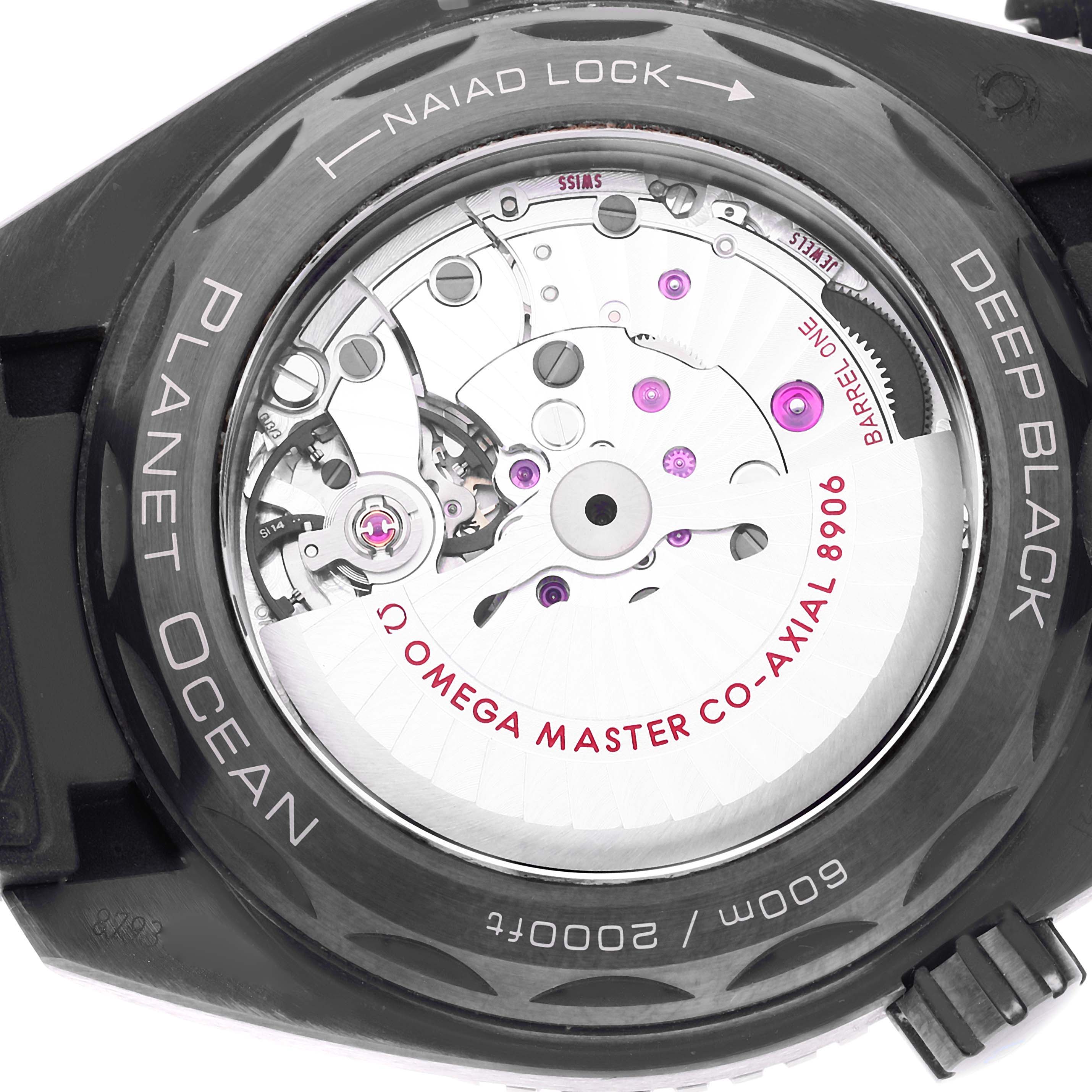 The image shows the back view of an Omega Planet Ocean 215.92.46.22.01.002 Men's Ceramic Black Dial 215.92.46.22.01.002 Men's Ceramic Black Dial watch, highlighting the movement mechanism and Naiad Lock system.