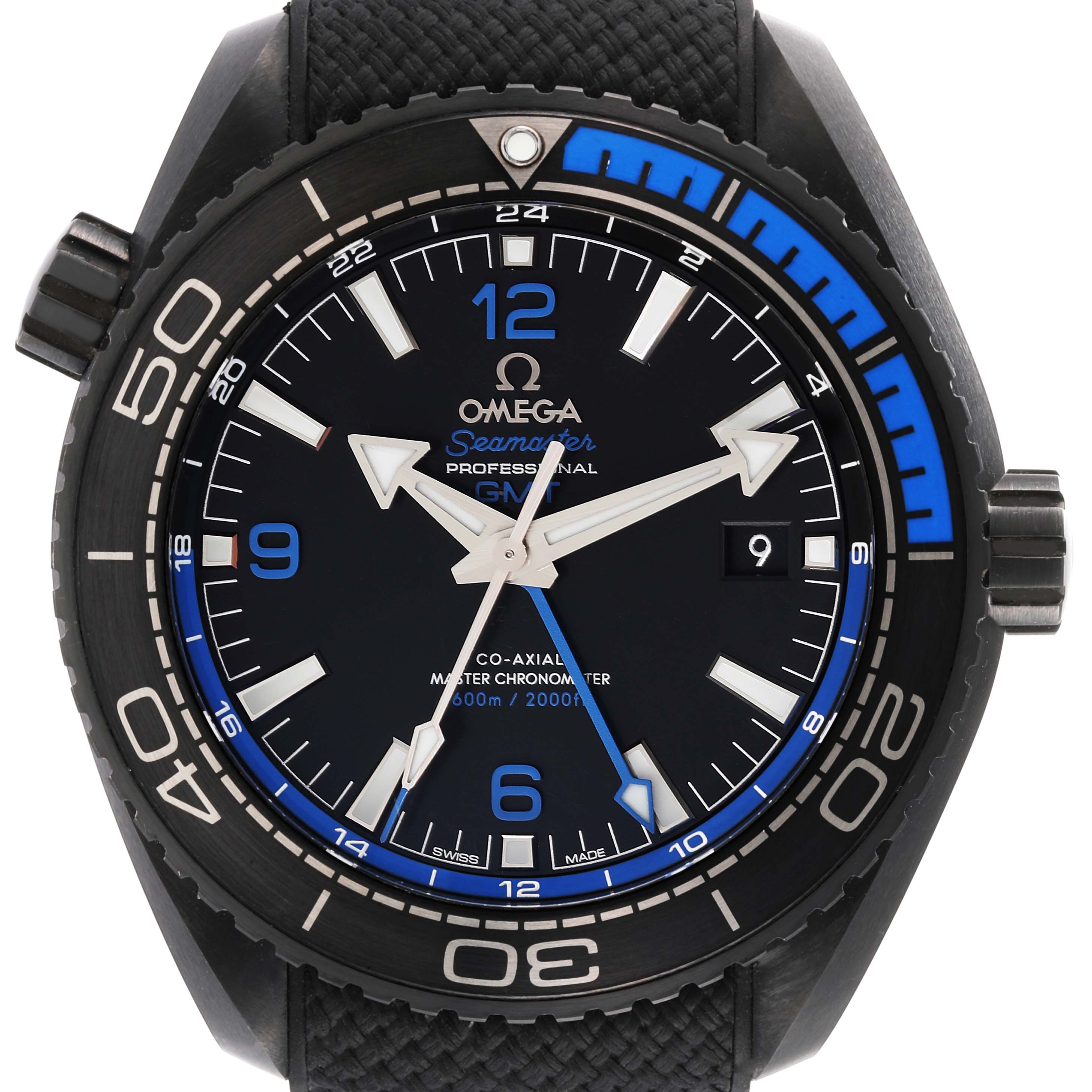 The image shows a frontal view of the Omega Planet Ocean 215.92.46.22.01.002 Men's Ceramic Black Dial 215.92.46.22.01.002 Men's Ceramic Black Dial Seamaster watch, highlighting the dial, bezel, and crown.