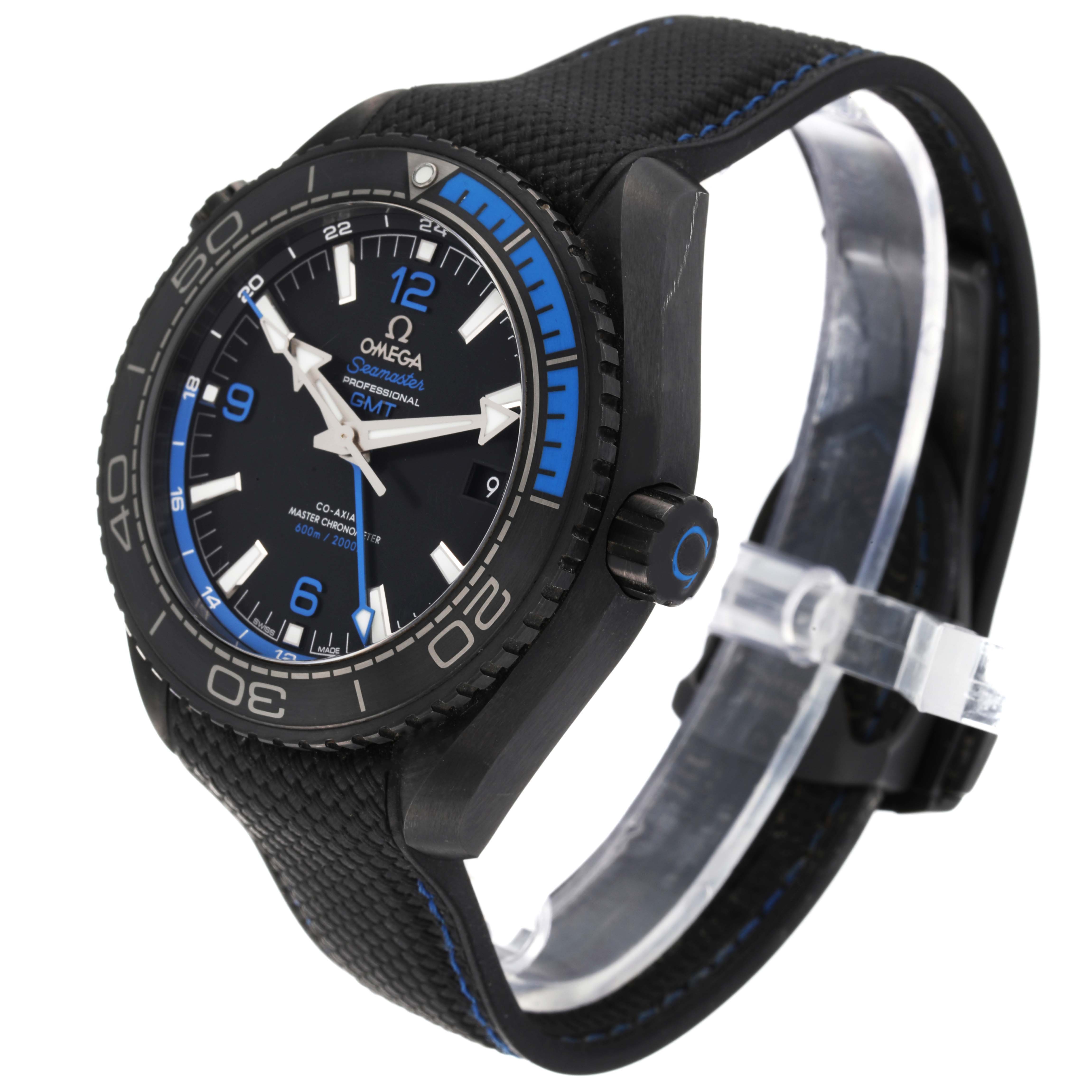 This image shows an Omega Planet Ocean 215.92.46.22.01.002 Men's Ceramic Black Dial 215.92.46.22.01.002 Men's Ceramic Black Dial watch at a three-quarter angle, displaying the face, bezel, crown, and strap.